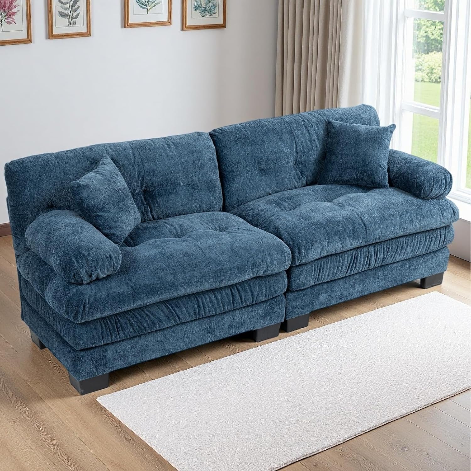 Comfortable Blue Sectional Couch Sofa with Two Pillows