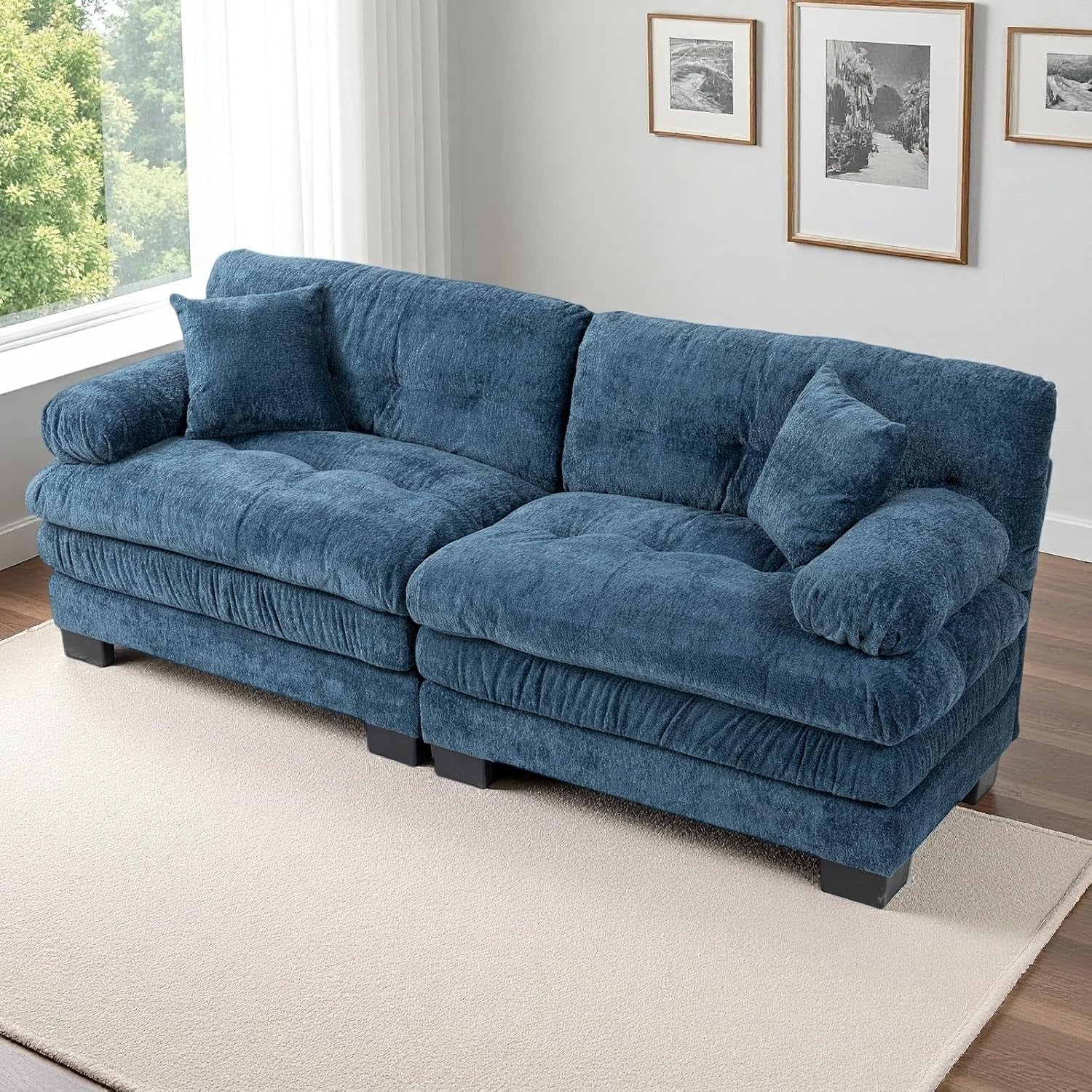 Comfortable Blue Sectional Couch Sofa with Two Pillows