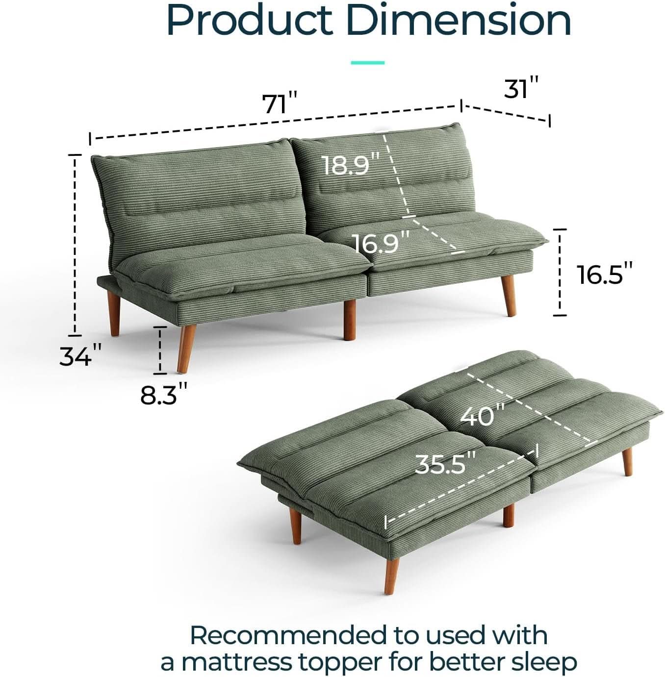 Comfortable Green Futon Sofa Bed with Adjustable Backrest