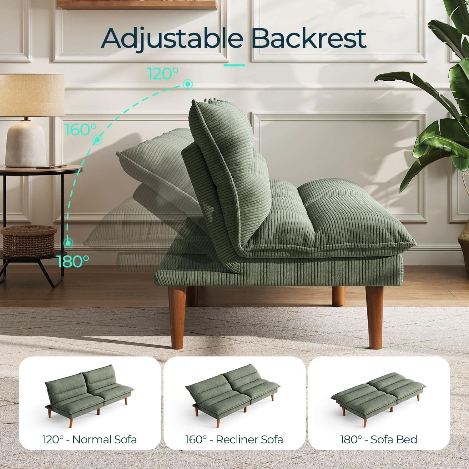 Comfortable Green Futon Sofa Bed with Adjustable Backrest