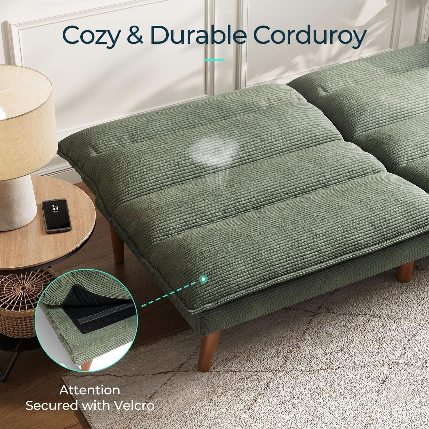 Comfortable Green Futon Sofa Bed with Adjustable Backrest