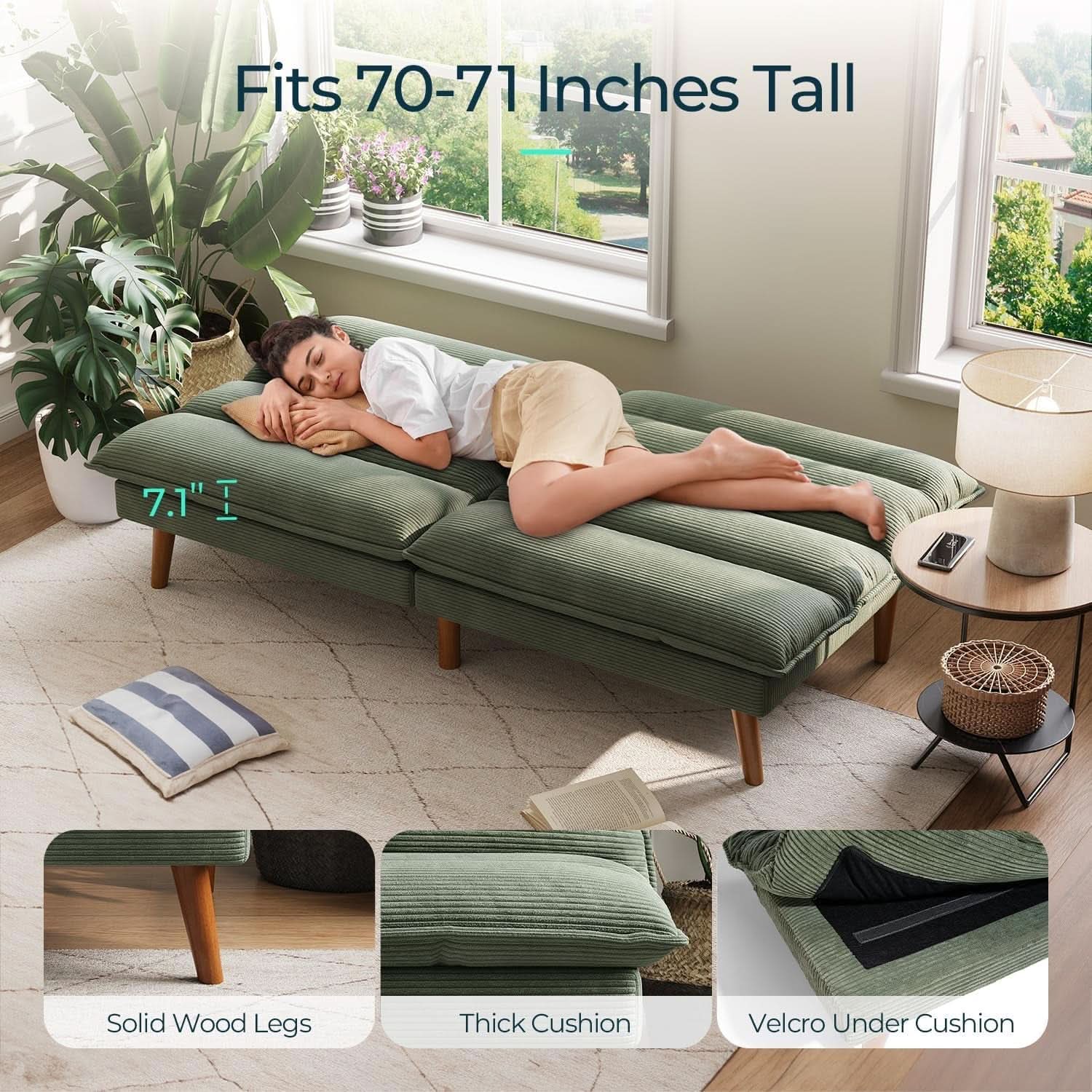 Comfortable Green Futon Sofa Bed with Adjustable Backrest