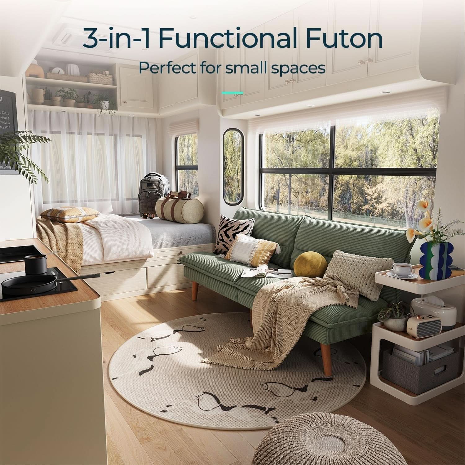 Comfortable Green Futon Sofa Bed with Adjustable Backrest