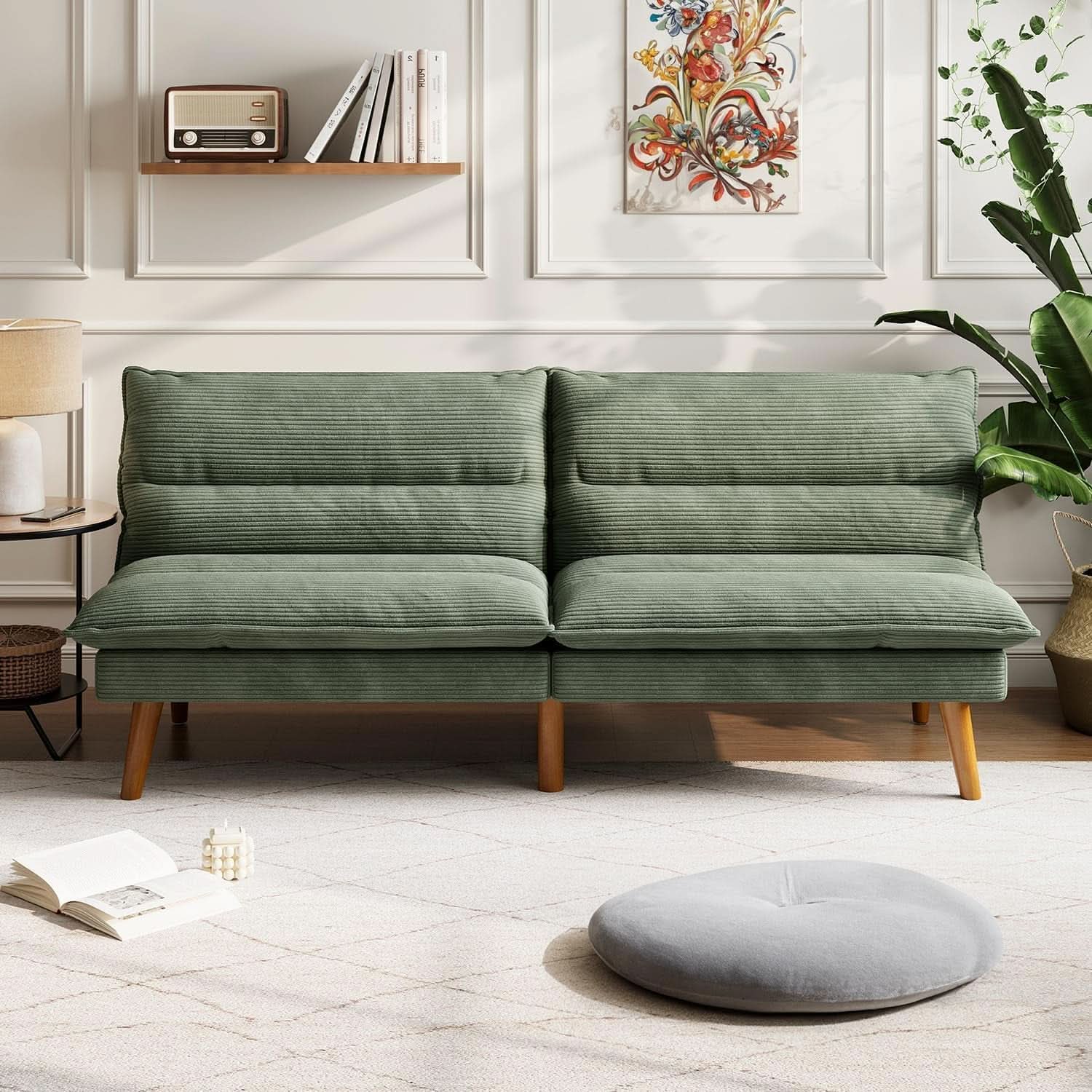 Comfortable Green Futon Sofa Bed with Adjustable Backrest