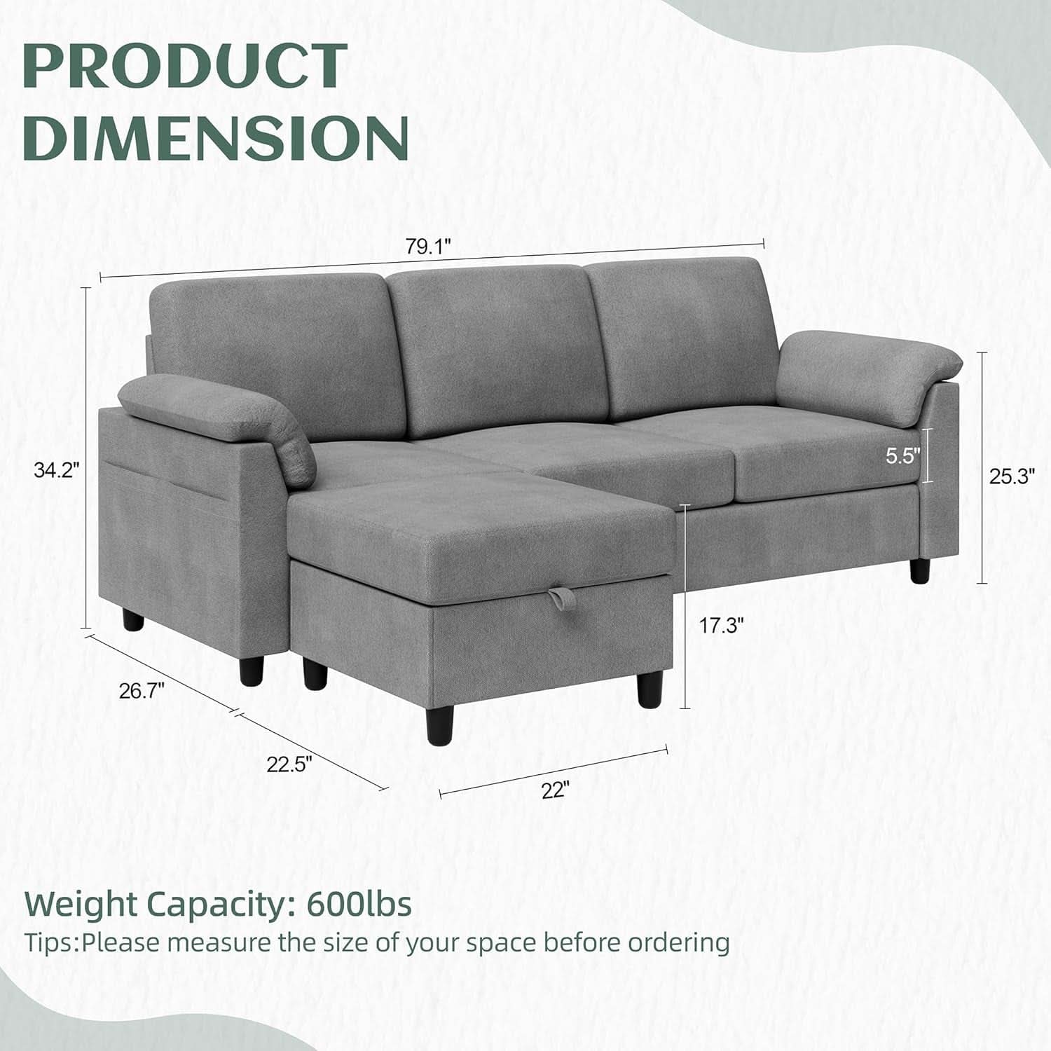 Comfortable L Shaped Convertible Sectional Sofa with Pillows