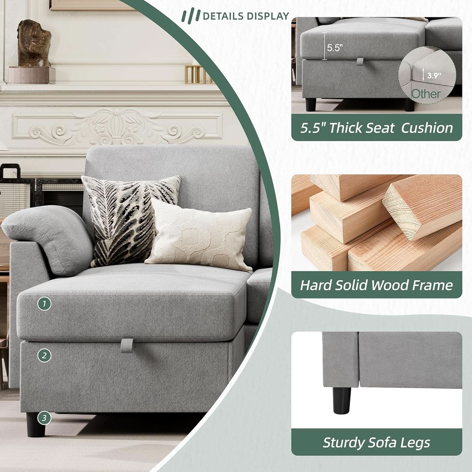Comfortable L Shaped Convertible Sectional Sofa with Pillows