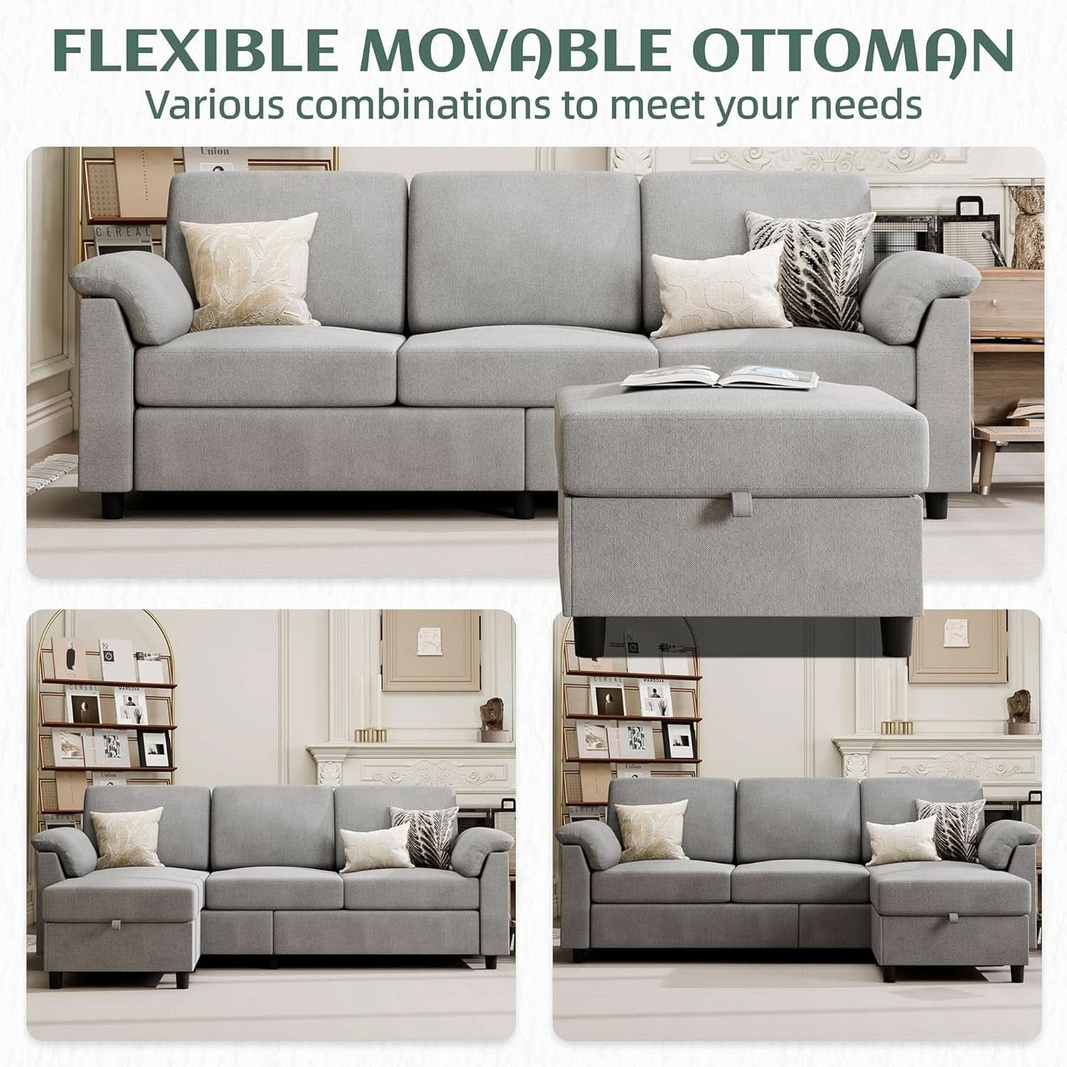 Comfortable L Shaped Convertible Sectional Sofa with Pillows