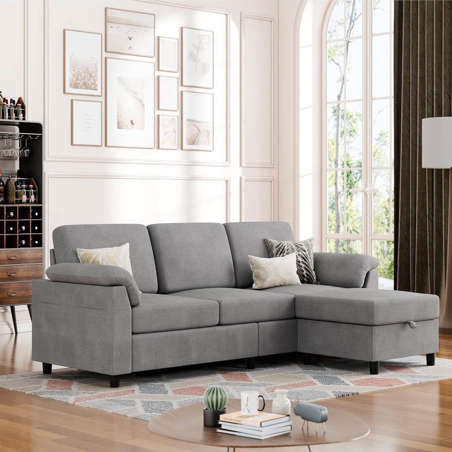 Comfortable L Shaped Convertible Sectional Sofa with Pillows