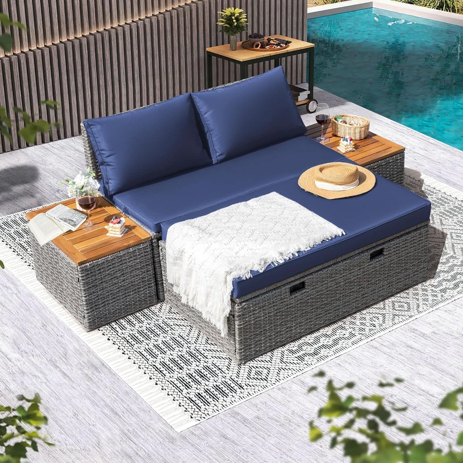 Comfortable Multifunctional Outdoor Day Bed with Side Tables