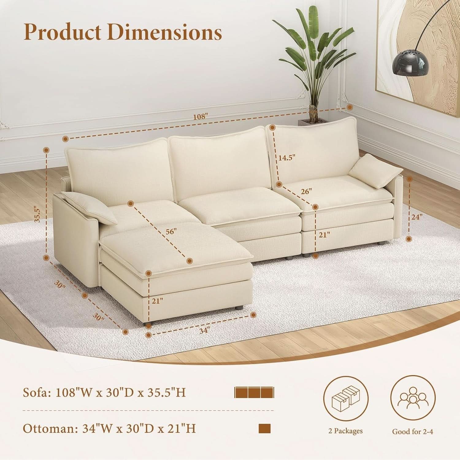 Comfy 108 Inch Modular Sectional Sofa With Ottoman