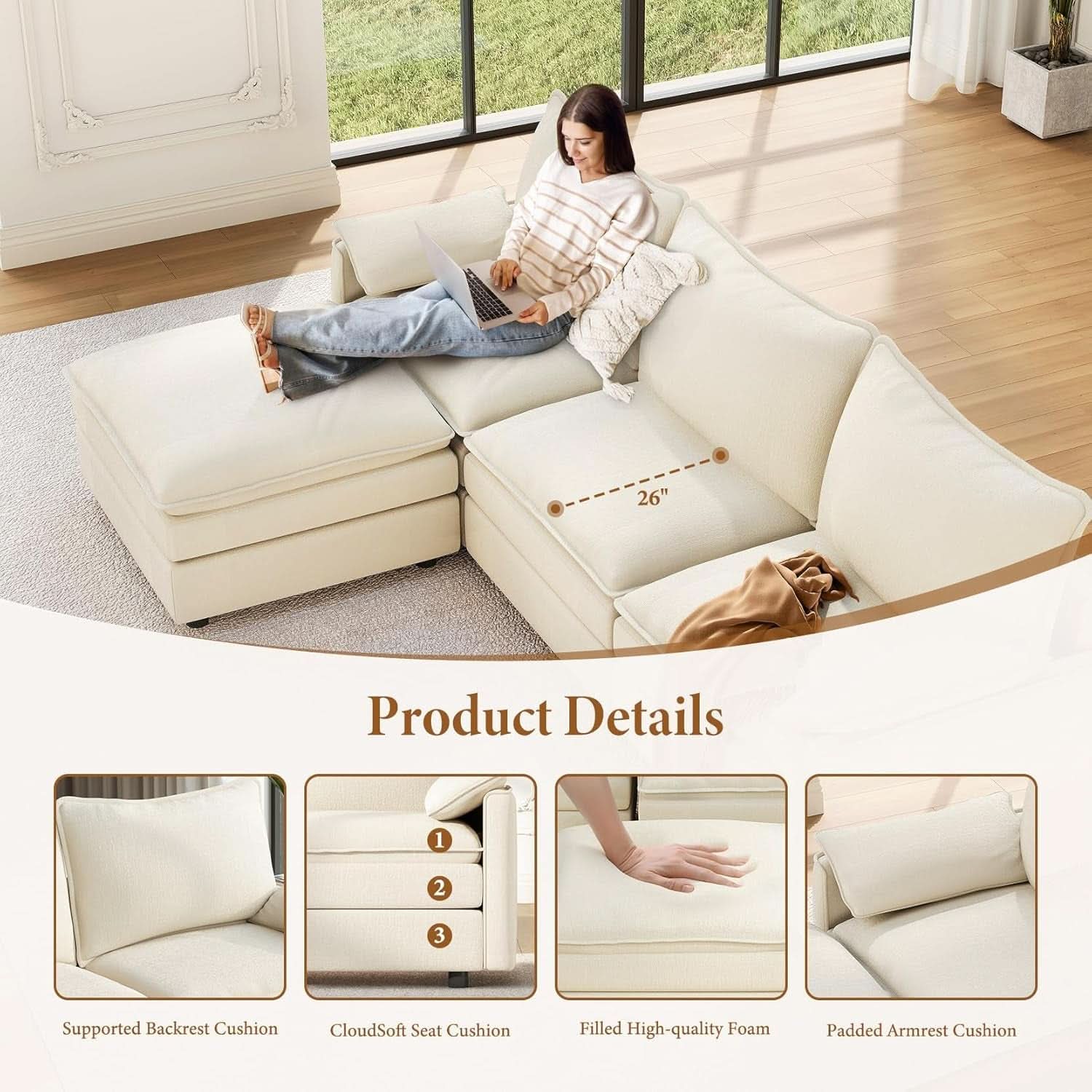 Comfy 108 Inch Modular Sectional Sofa With Ottoman