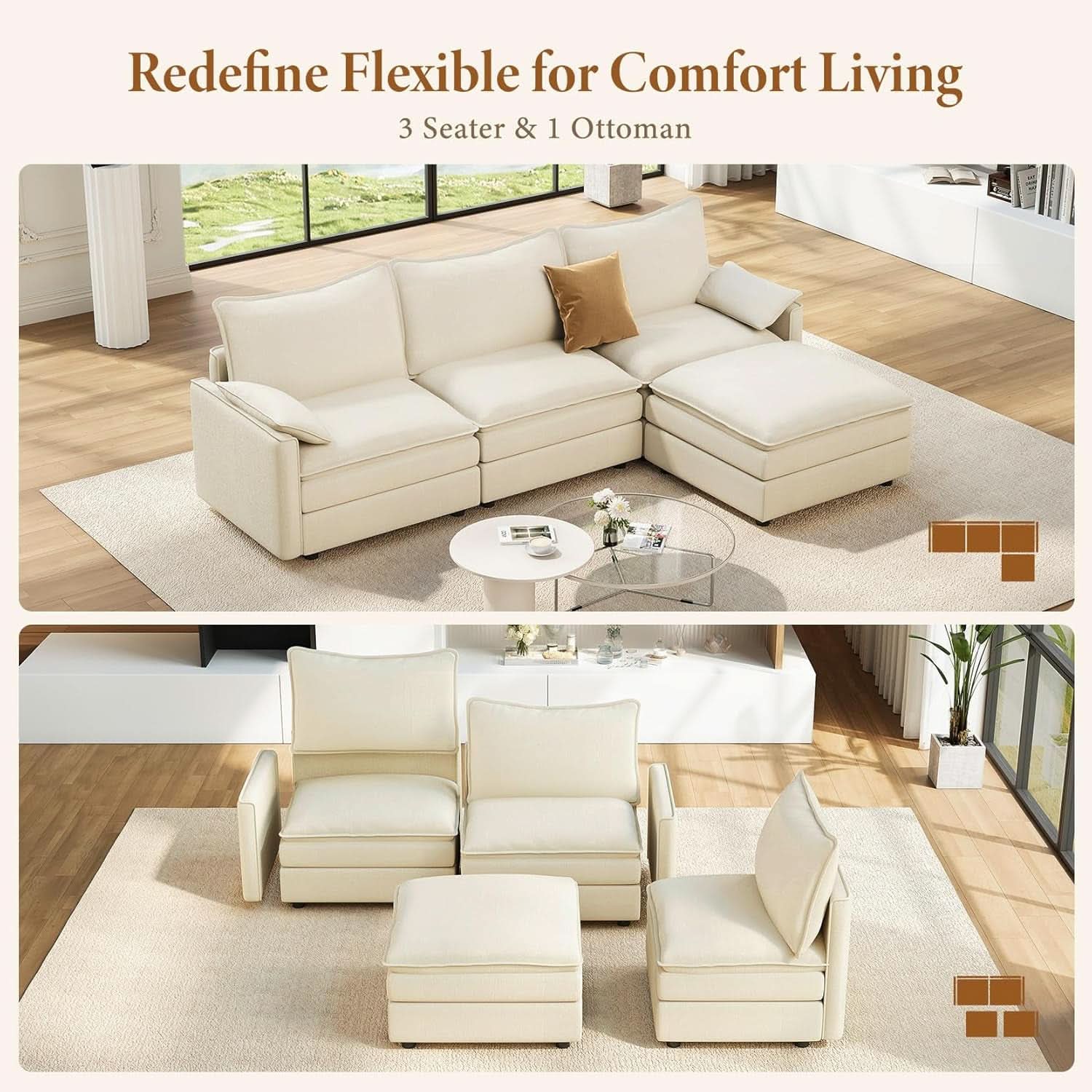 Comfy 108 Inch Modular Sectional Sofa With Ottoman