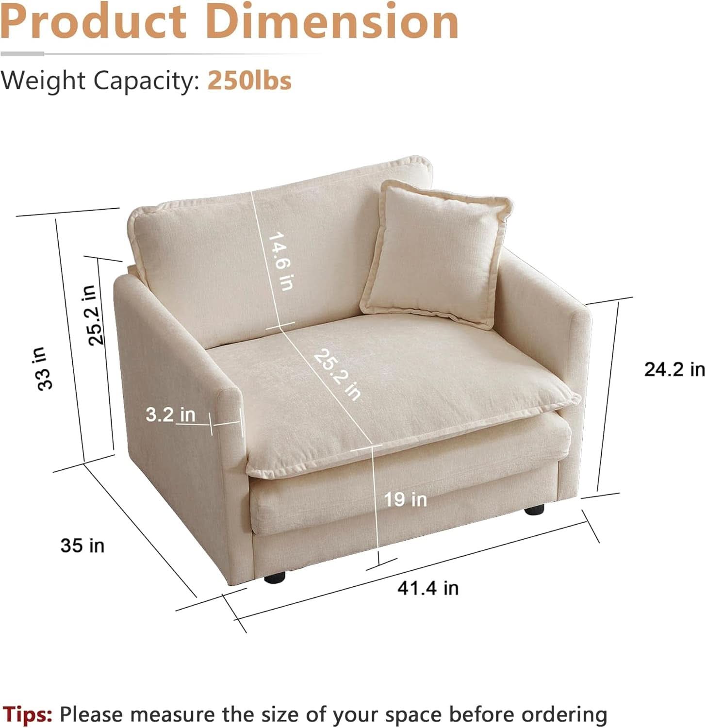 Comfy Chenille Sofa Chair with Toss Pillow Light Coffee