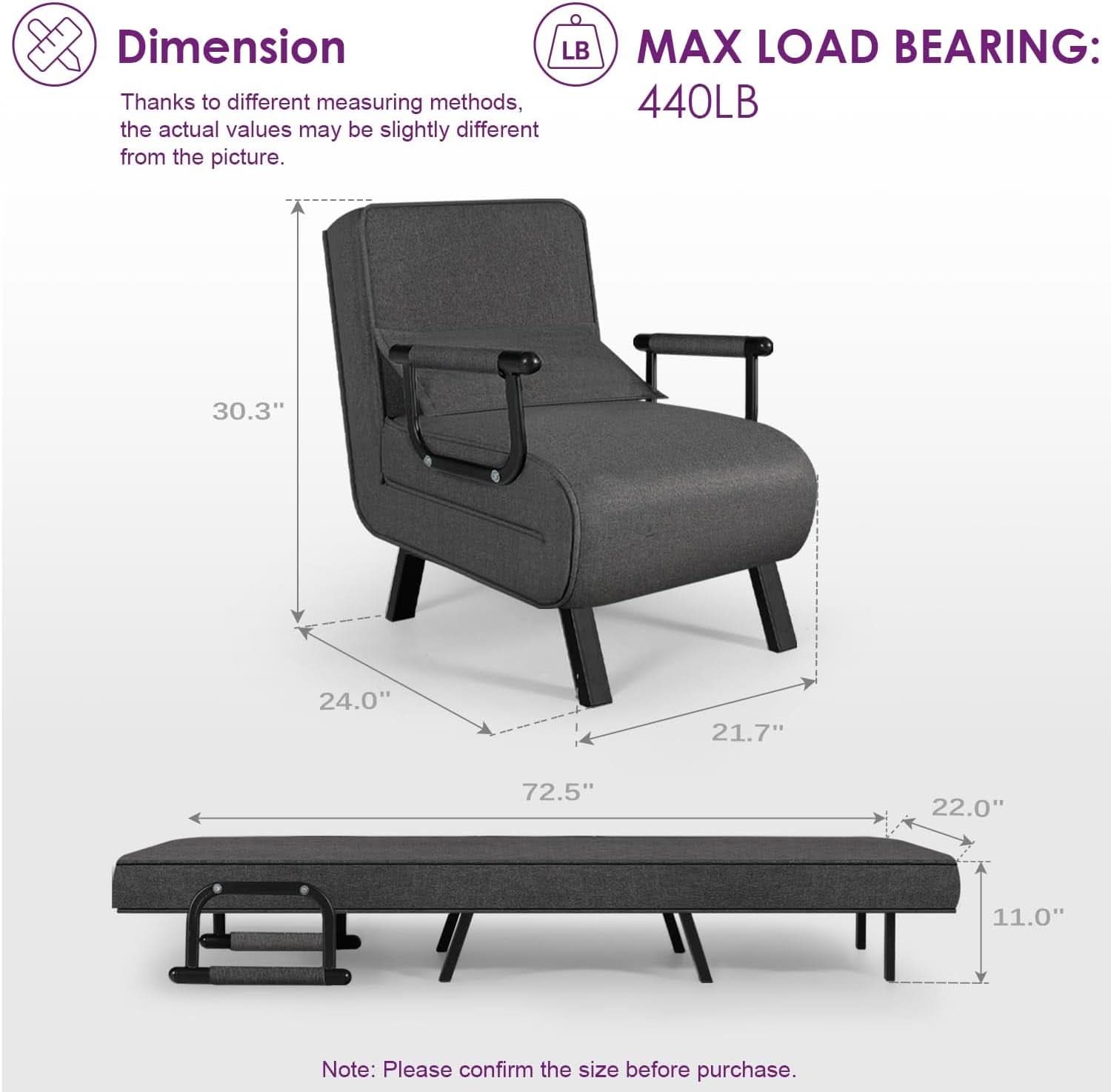 Comfy Convertible Sleep Chair Bed with Adjustable Backrest