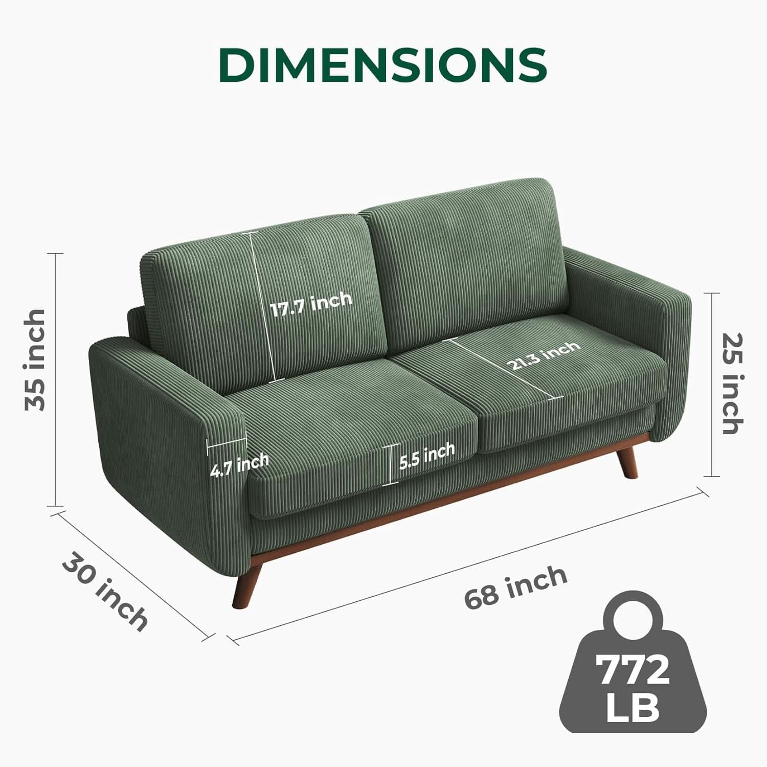 Comfy Green Corduroy Loveseat Sofa with Solid Wood Frame