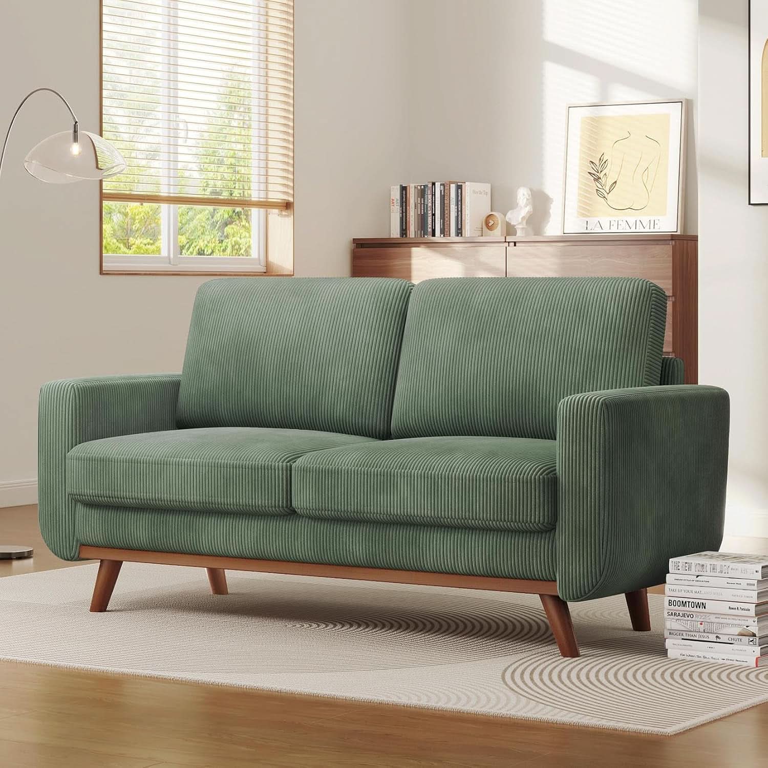 Comfy Green Corduroy Loveseat Sofa with Solid Wood Frame