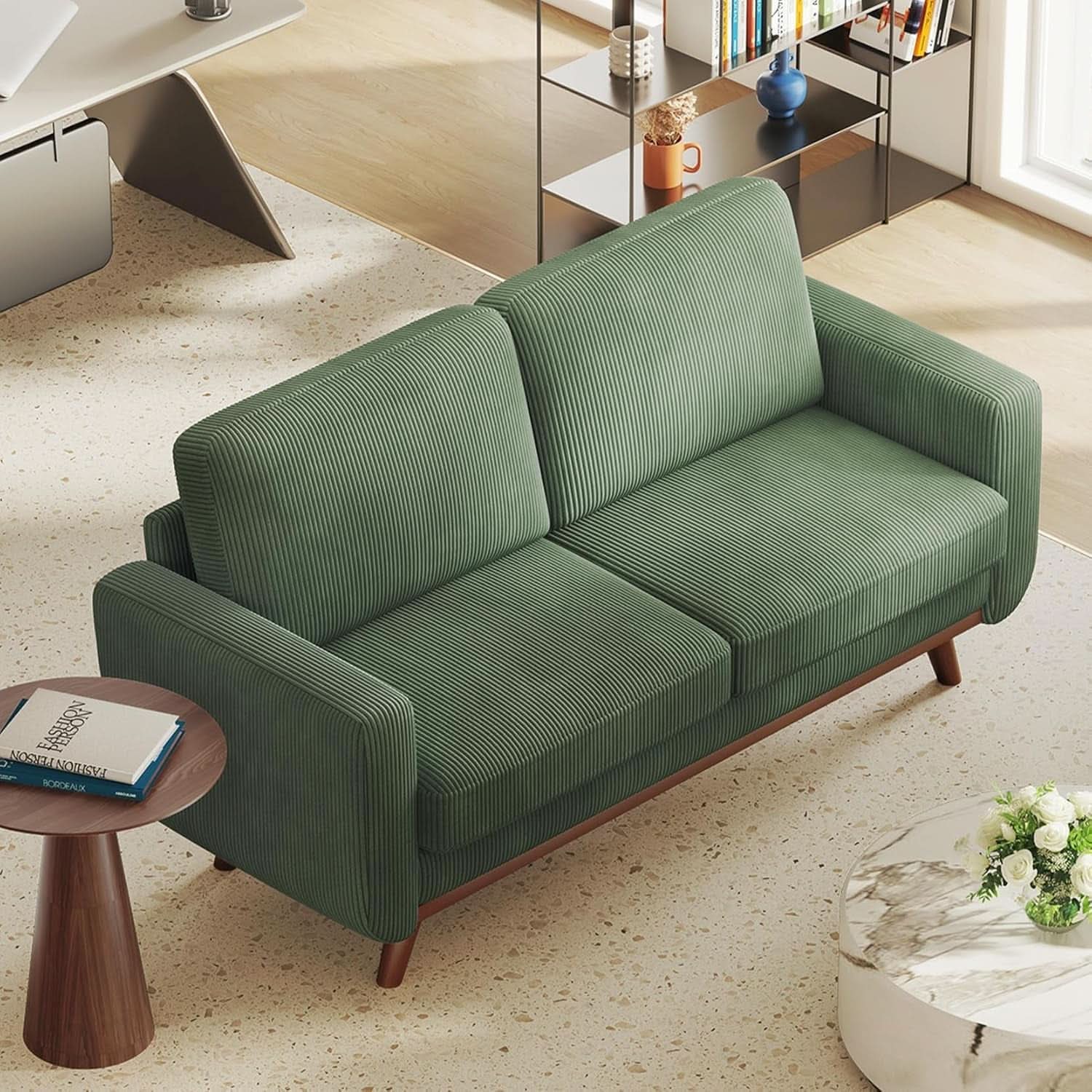 Comfy Green Corduroy Loveseat Sofa with Solid Wood Frame