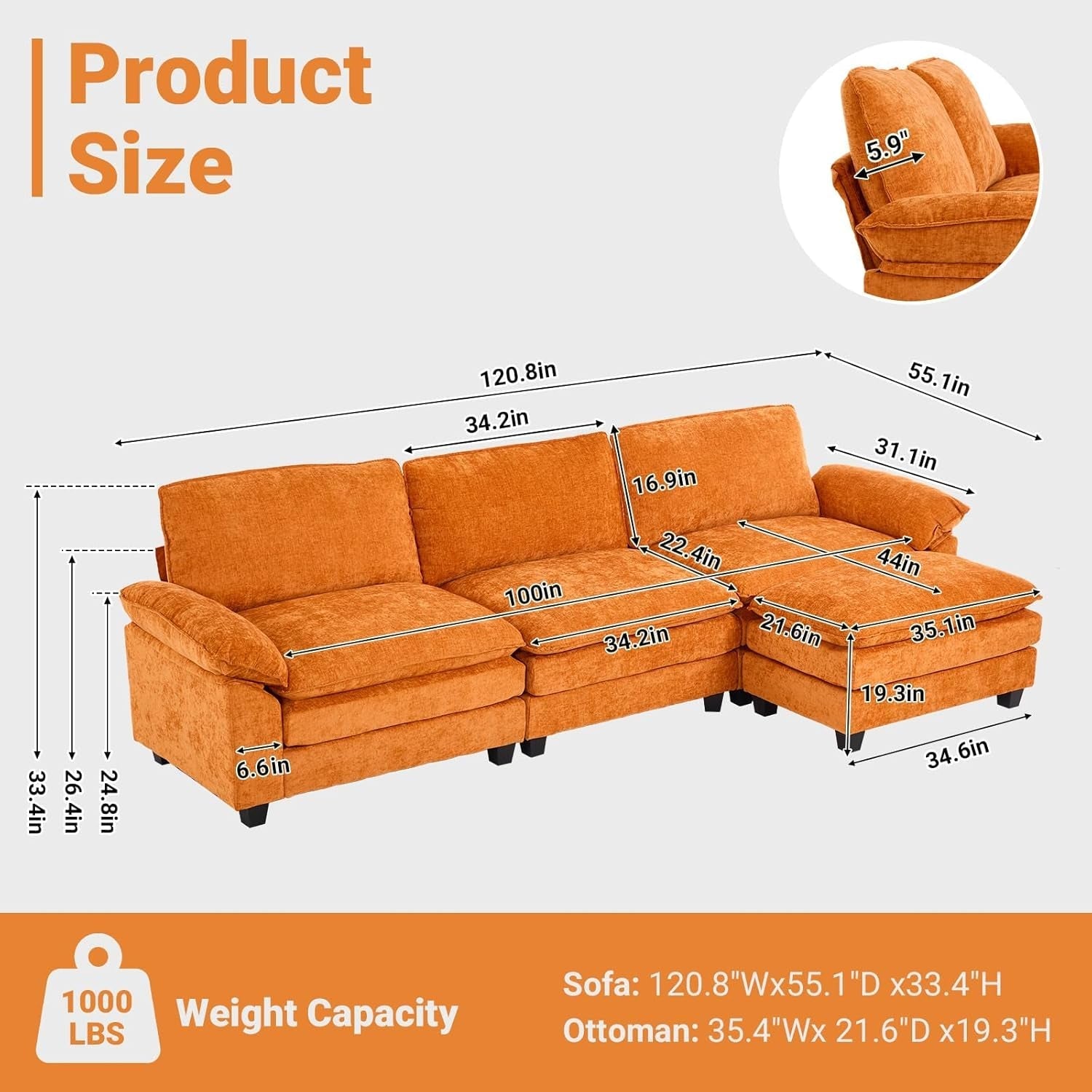 Comfy L-Shape Sectional Sofa with Movable Ottoman