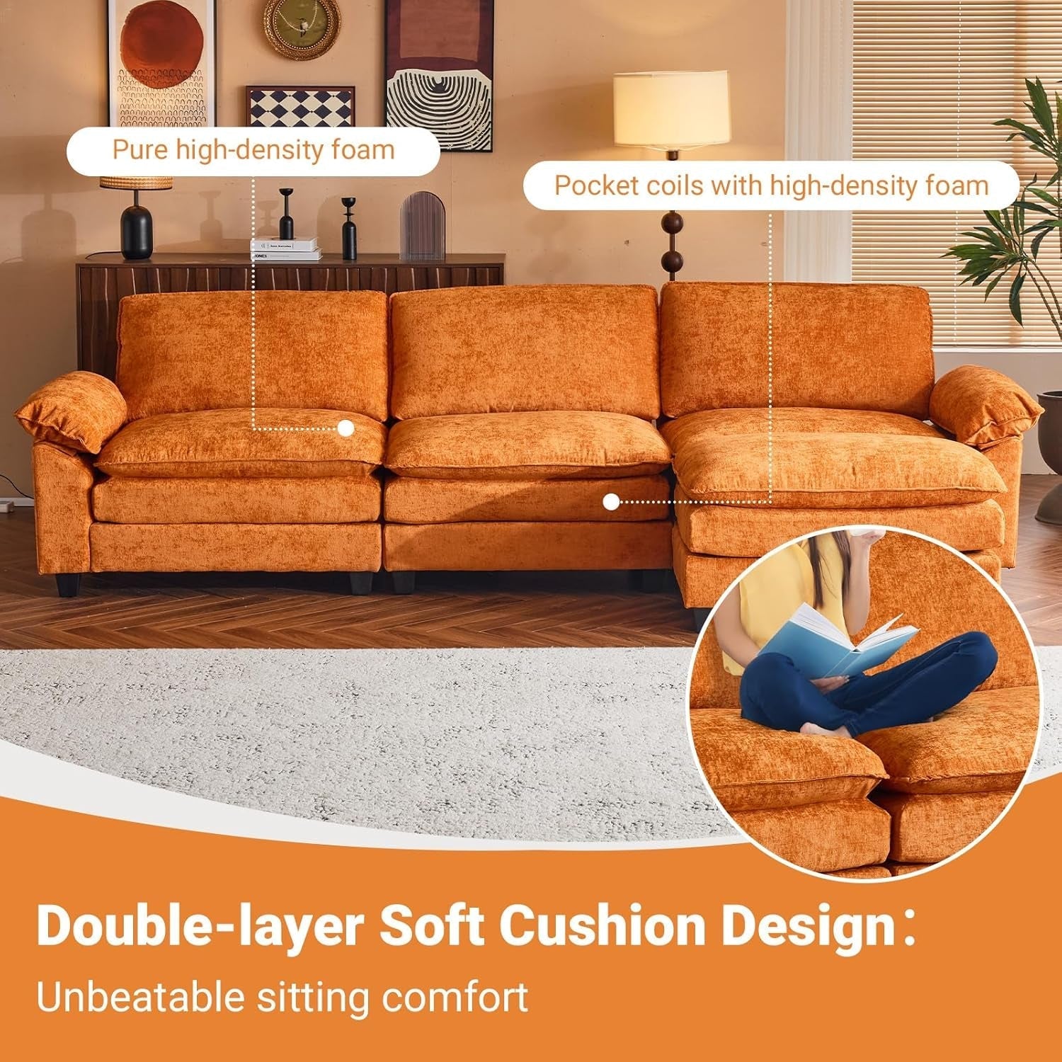 Comfy L-Shape Sectional Sofa with Movable Ottoman