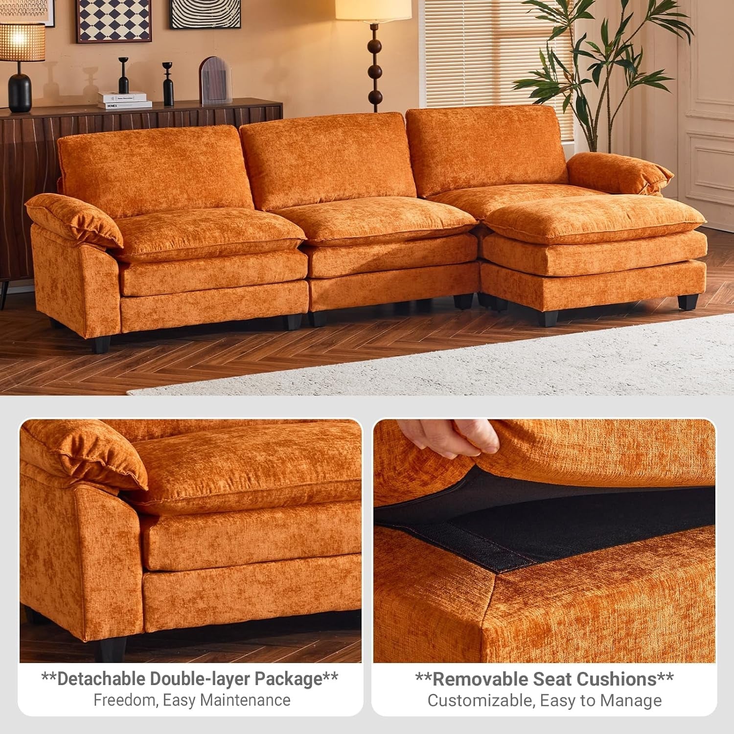Comfy L-Shape Sectional Sofa with Movable Ottoman