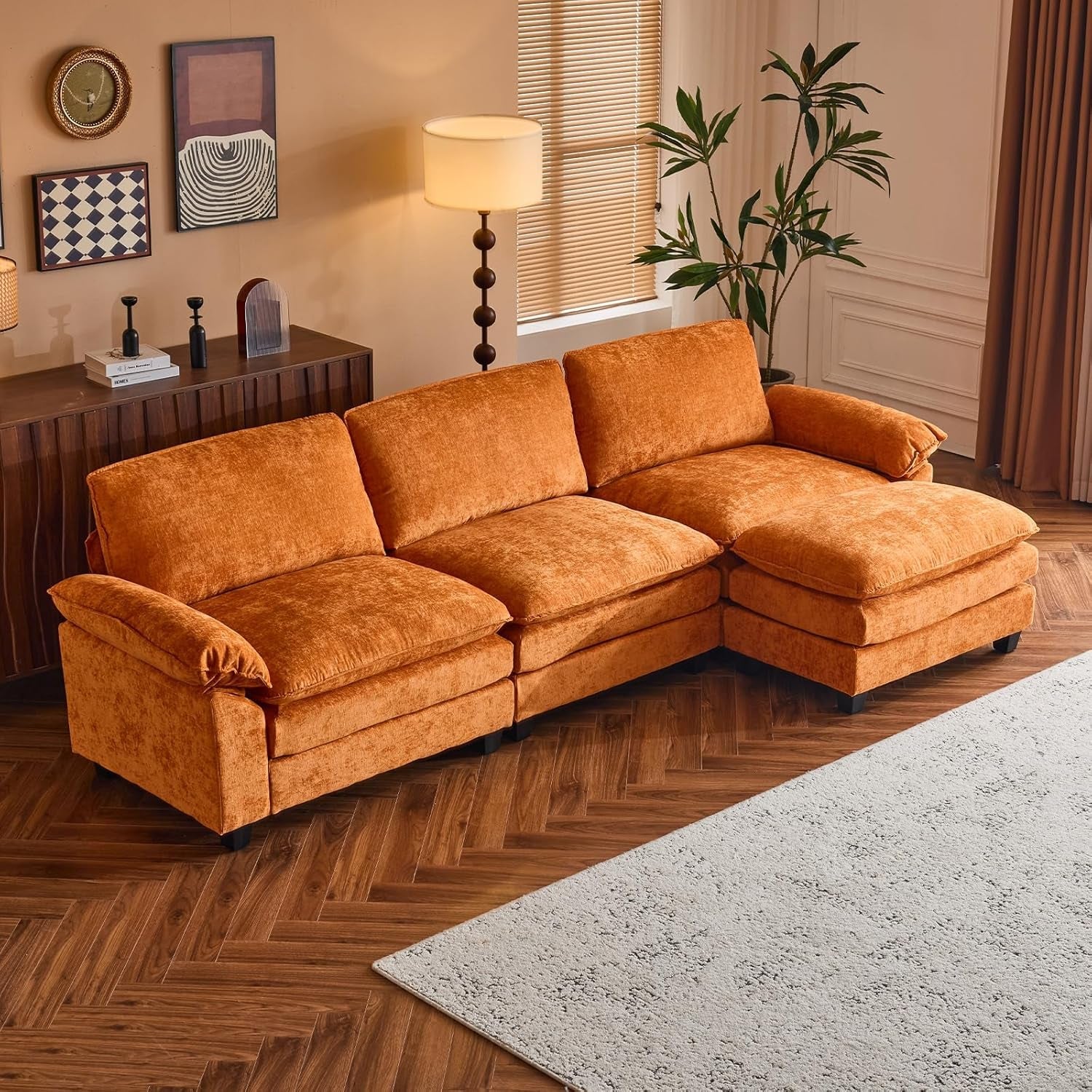Comfy L-Shape Sectional Sofa with Movable Ottoman