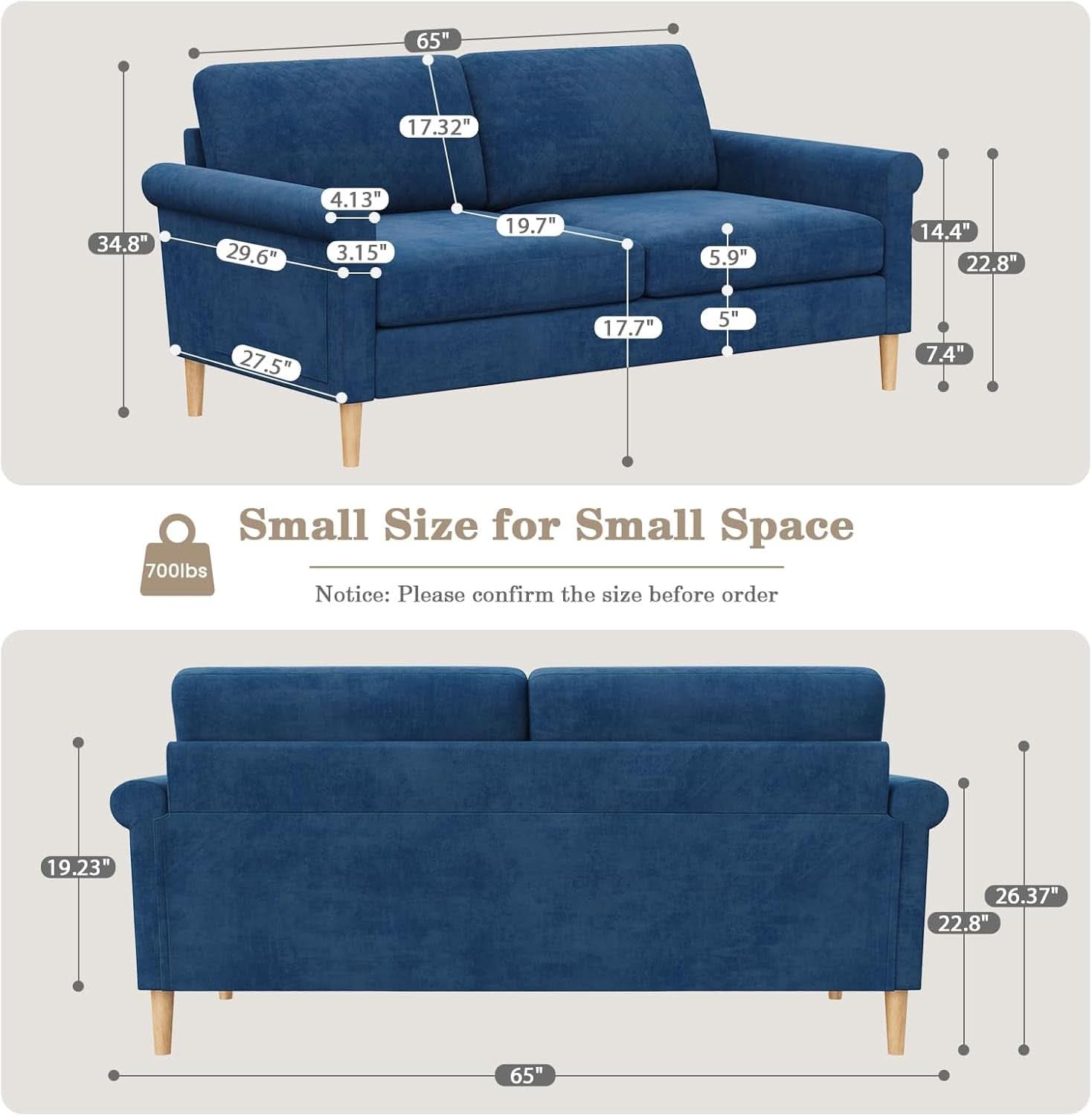 Comfy Mid-Century Modern 65 Inch Blue Loveseat Sofa