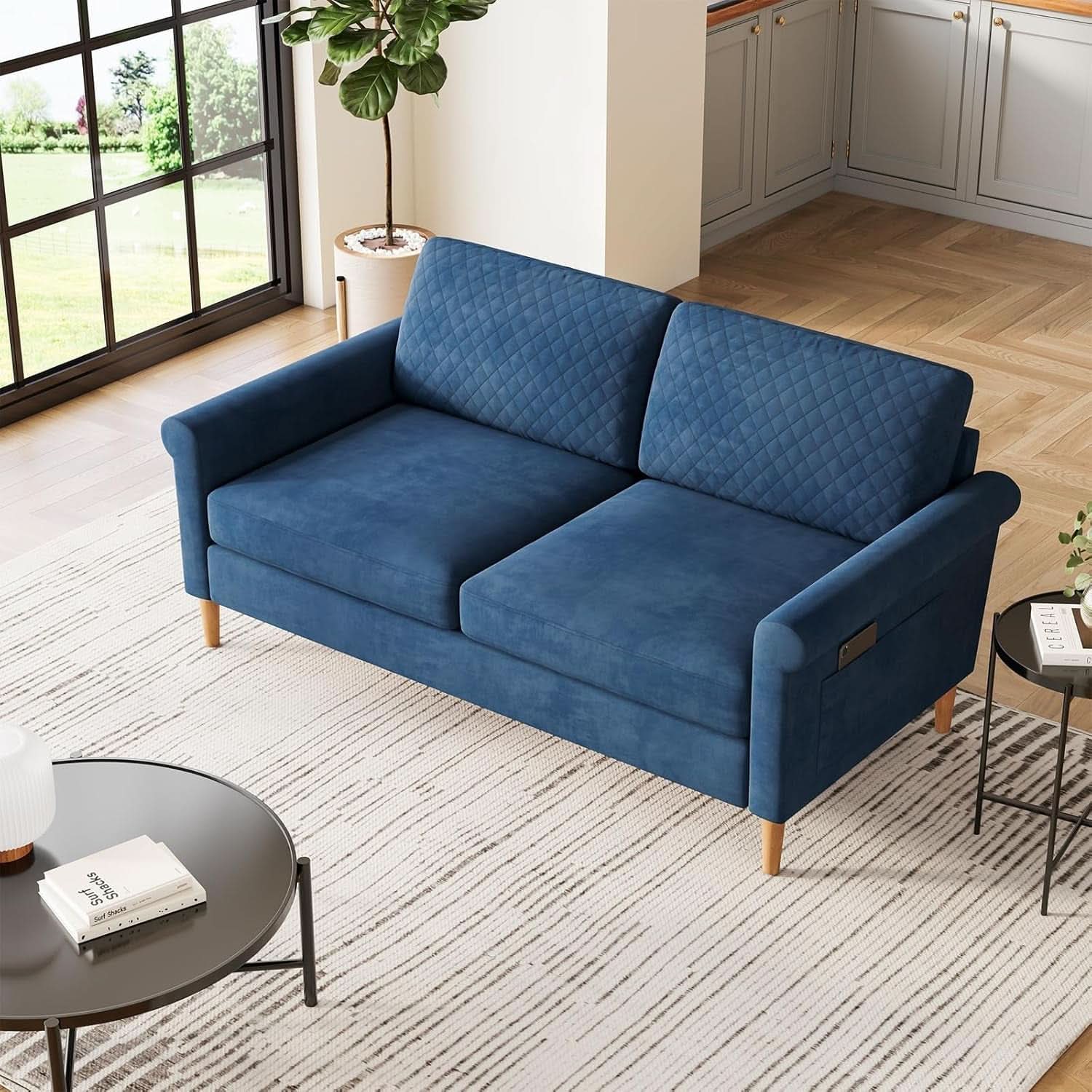 Comfy Mid-Century Modern 65 Inch Blue Loveseat Sofa