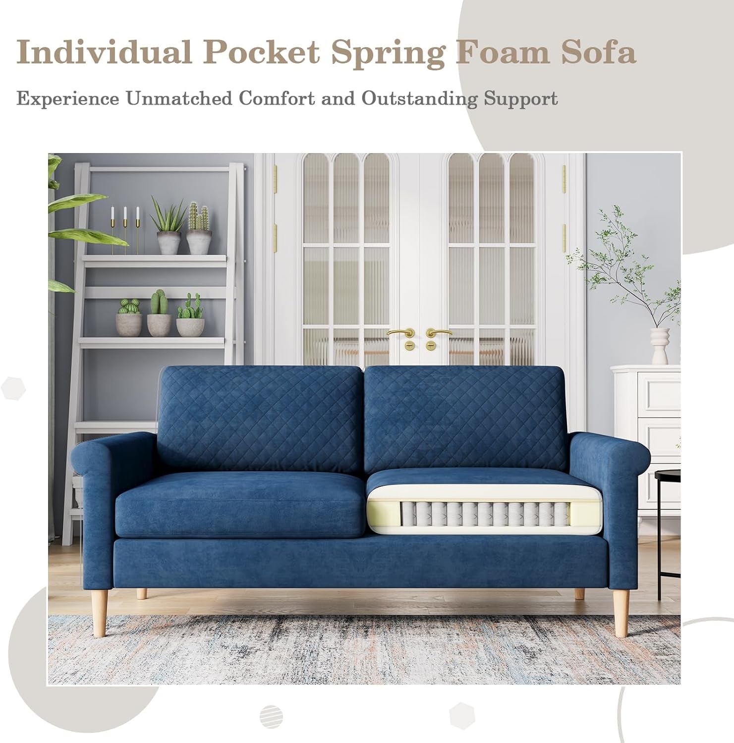Comfy Mid-Century Modern 65 Inch Blue Loveseat Sofa