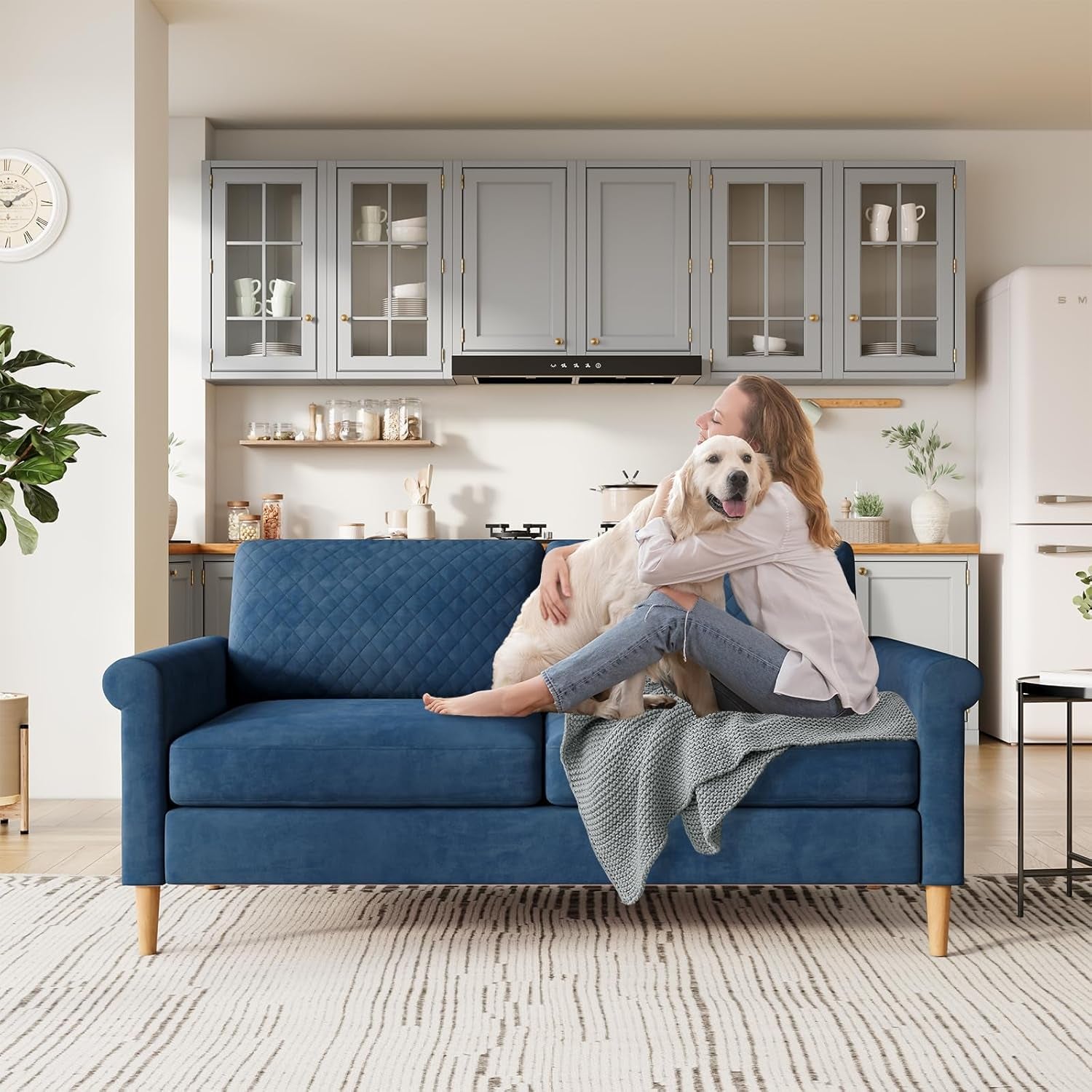 Comfy Mid-Century Modern 65 Inch Blue Loveseat Sofa