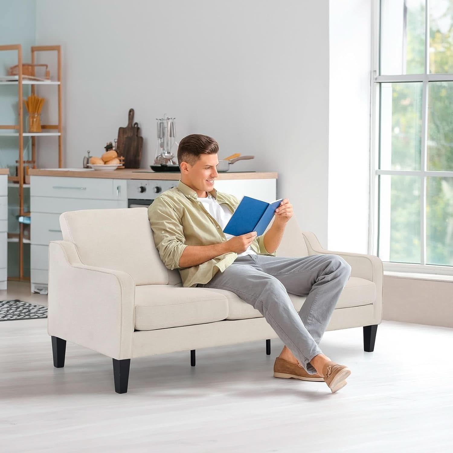 Comfy Mid Century Modern Beige Sofa for Small Spaces
