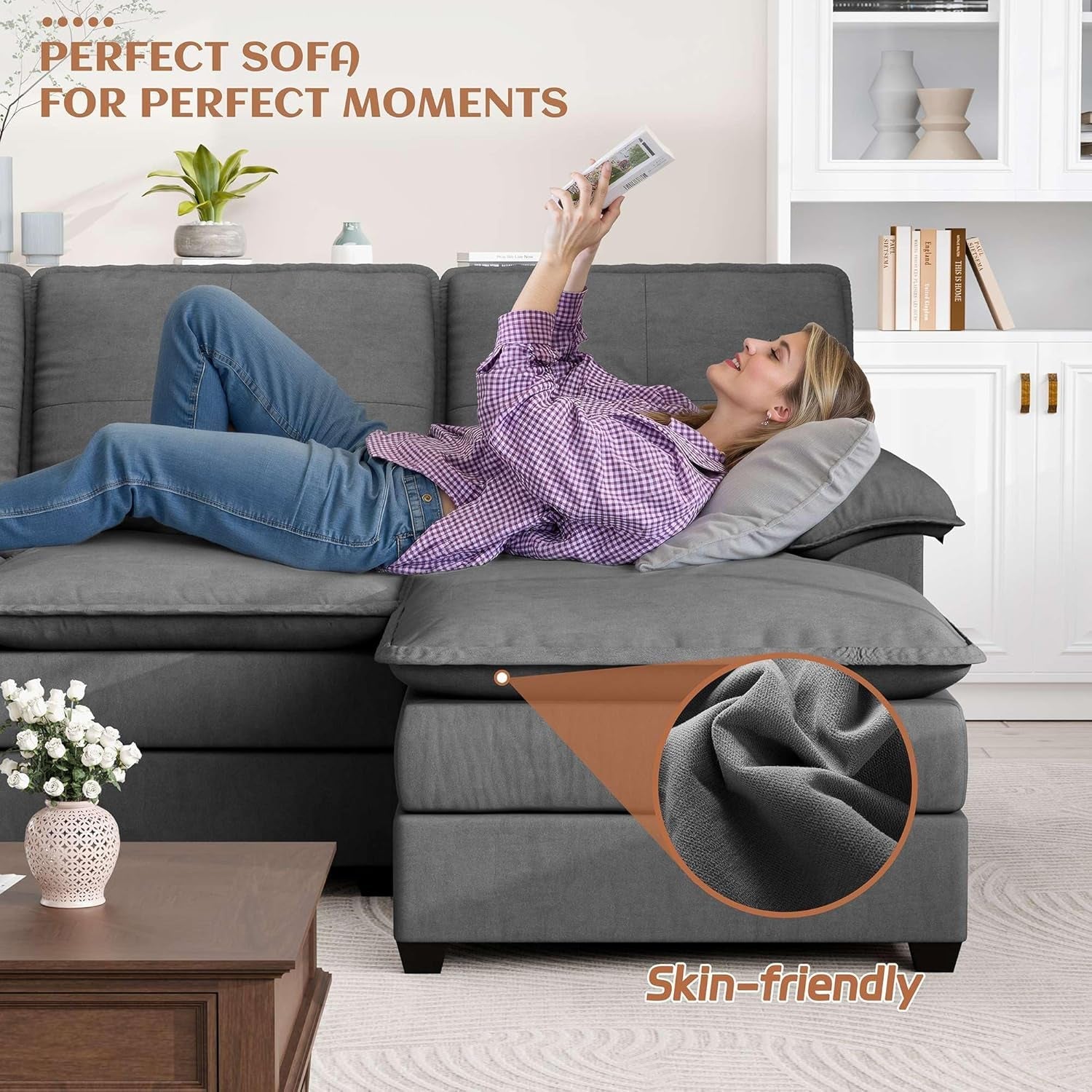 Comfy U-Shaped Sectional Couch with Chaise and Ottoman