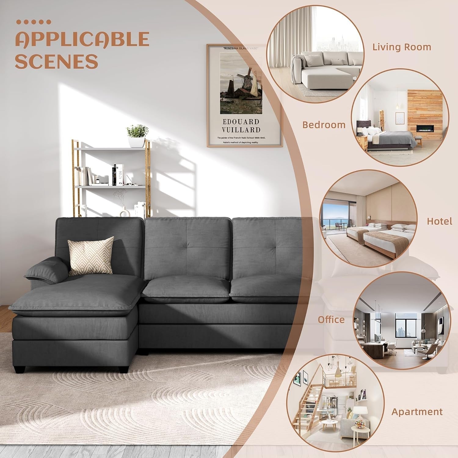 Comfy U-Shaped Sectional Couch with Chaise and Ottoman