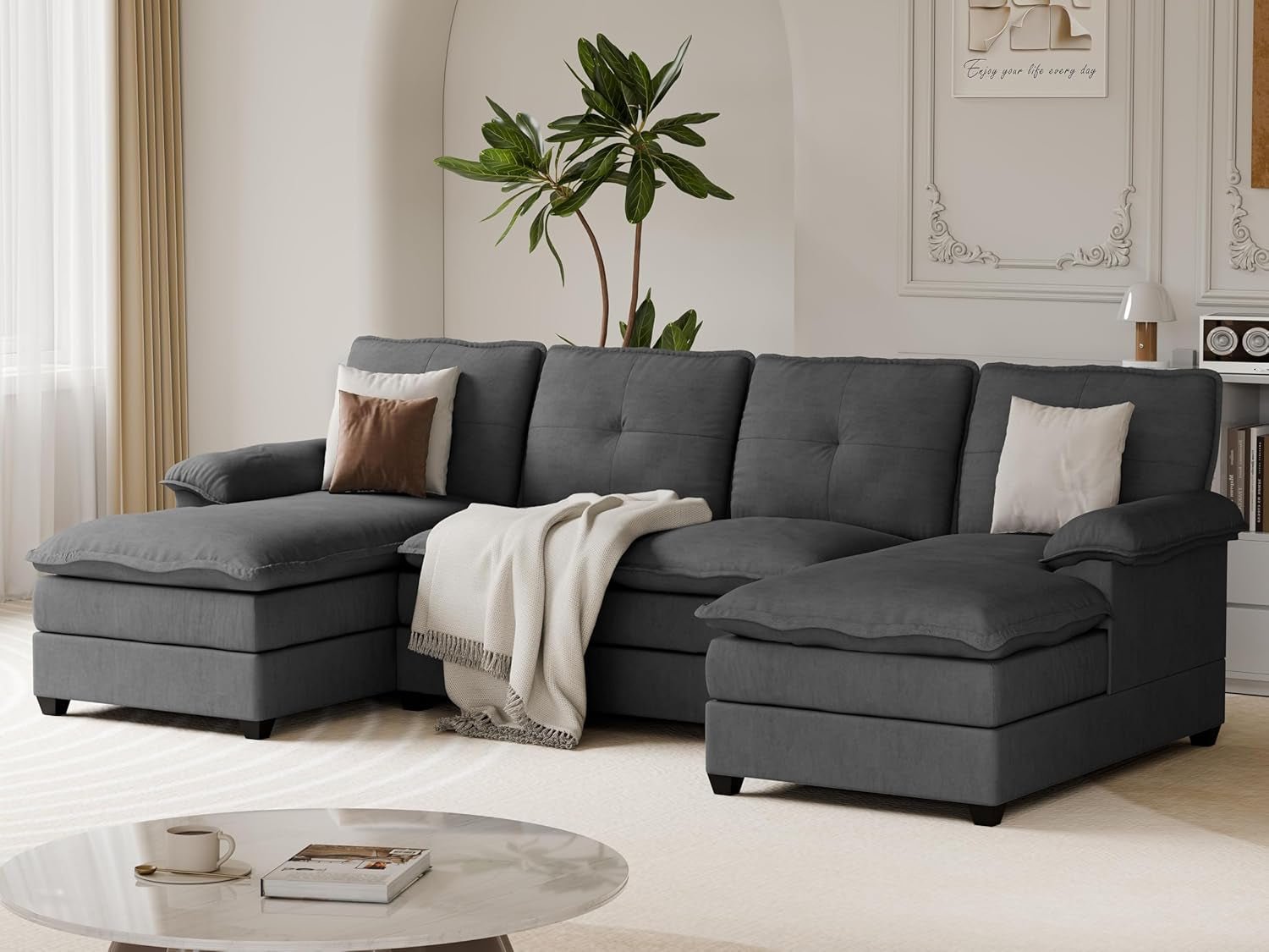 Comfy U-Shaped Sectional Couch with Chaise and Ottoman