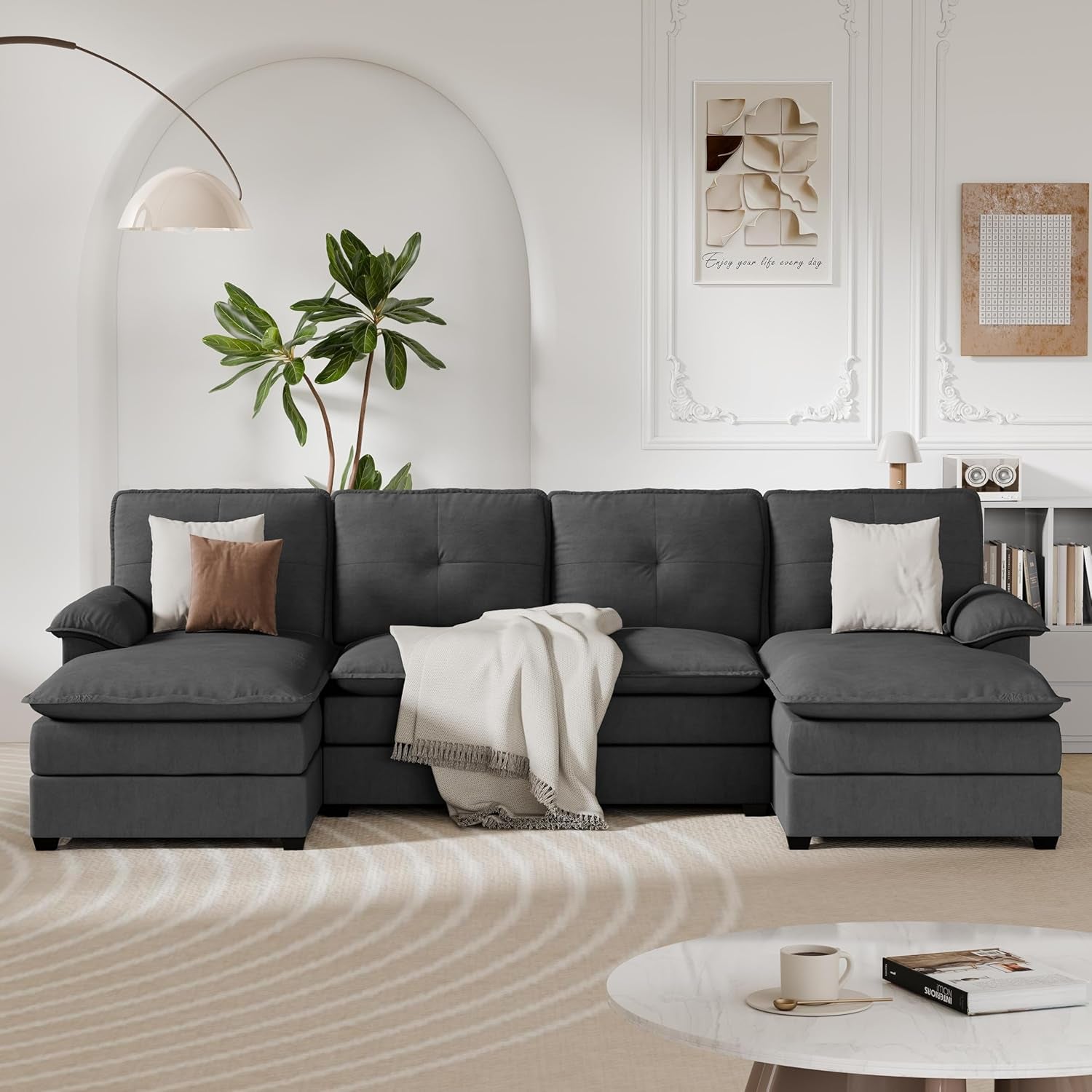 Comfy U-Shaped Sectional Couch with Chaise and Ottoman