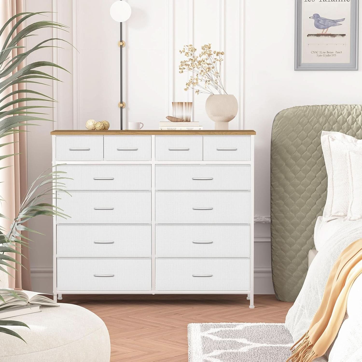 Compact 12 Drawer Dresser With Fabric Drawers And Wood Top