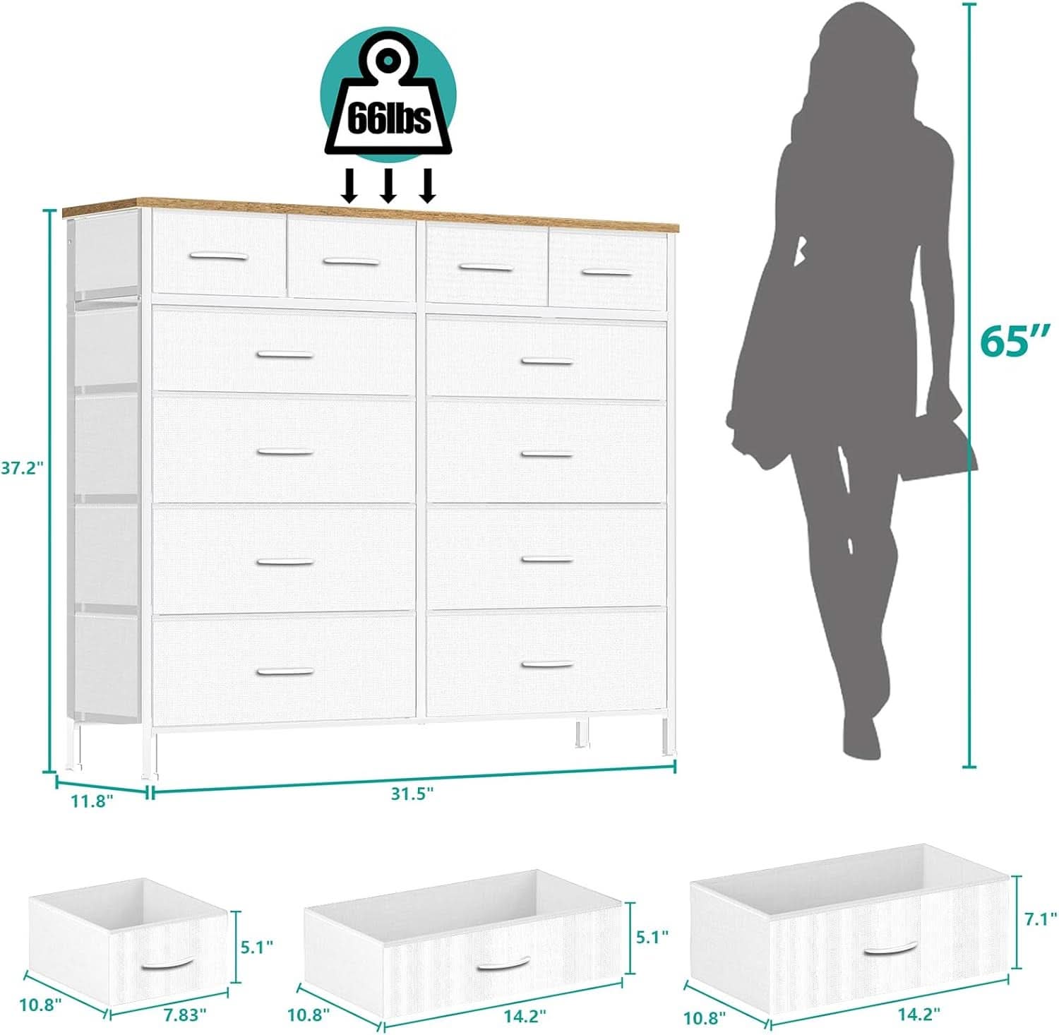 Compact 12 Drawer Dresser With Fabric Drawers And Wood Top