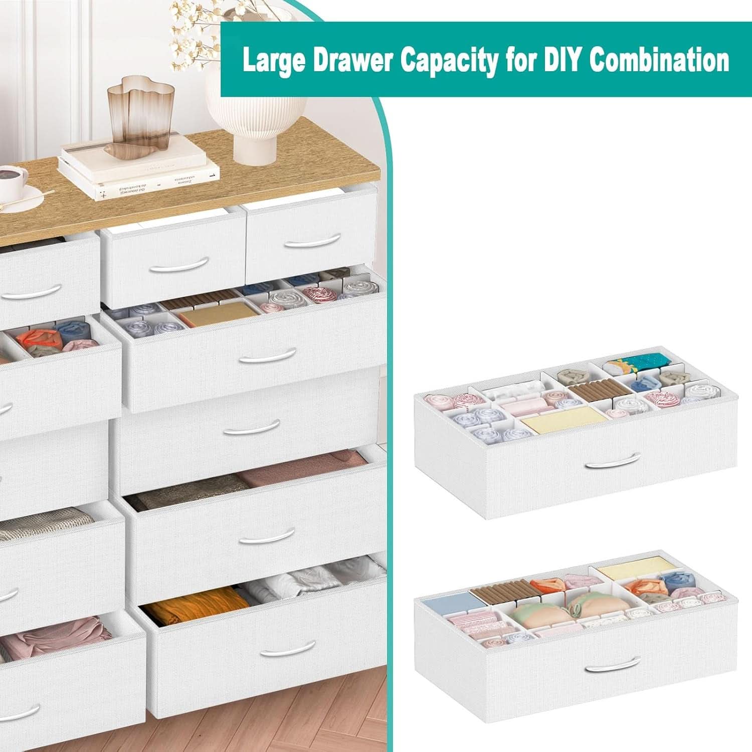 Compact 12 Drawer Dresser With Fabric Drawers And Wood Top