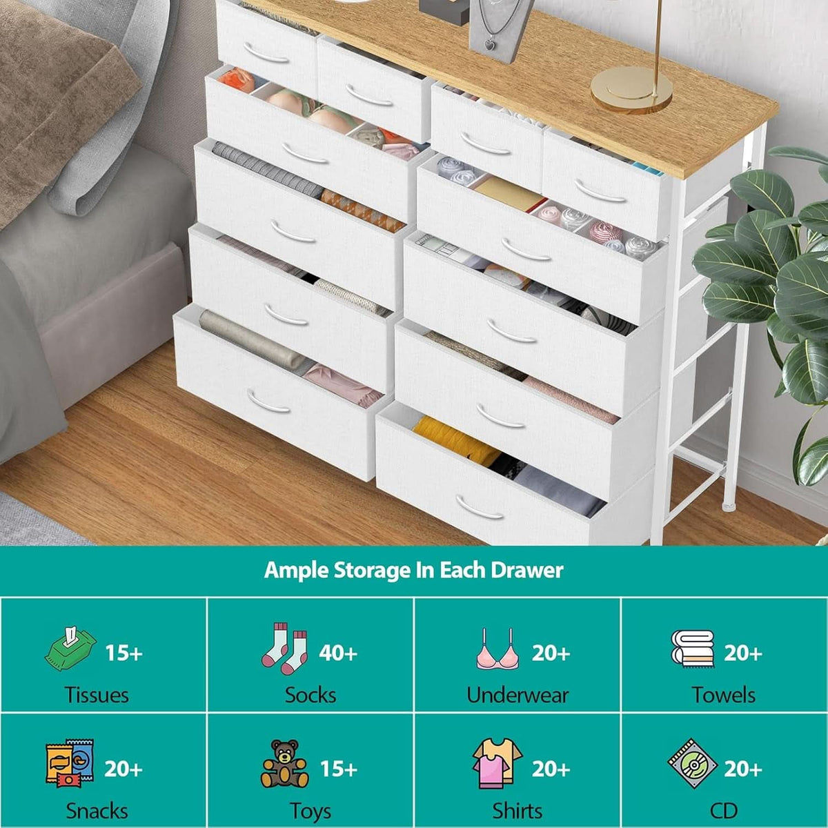 Compact 12 Drawer Dresser With Fabric Drawers And Wood Top