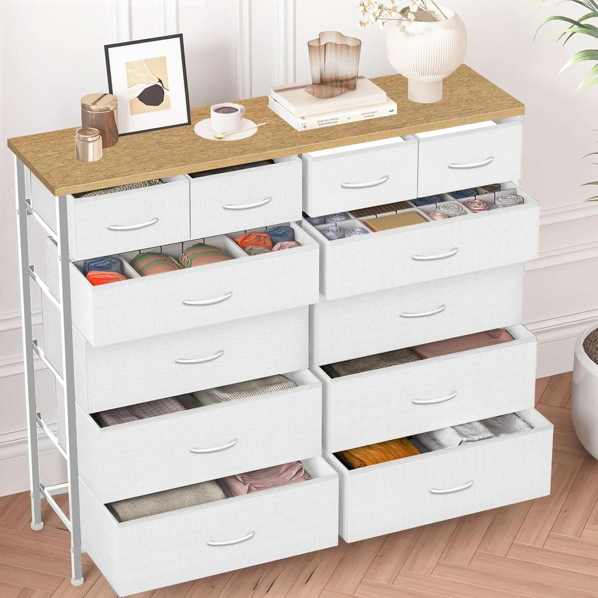 Compact 12 Drawer Dresser With Fabric Drawers And Wood Top