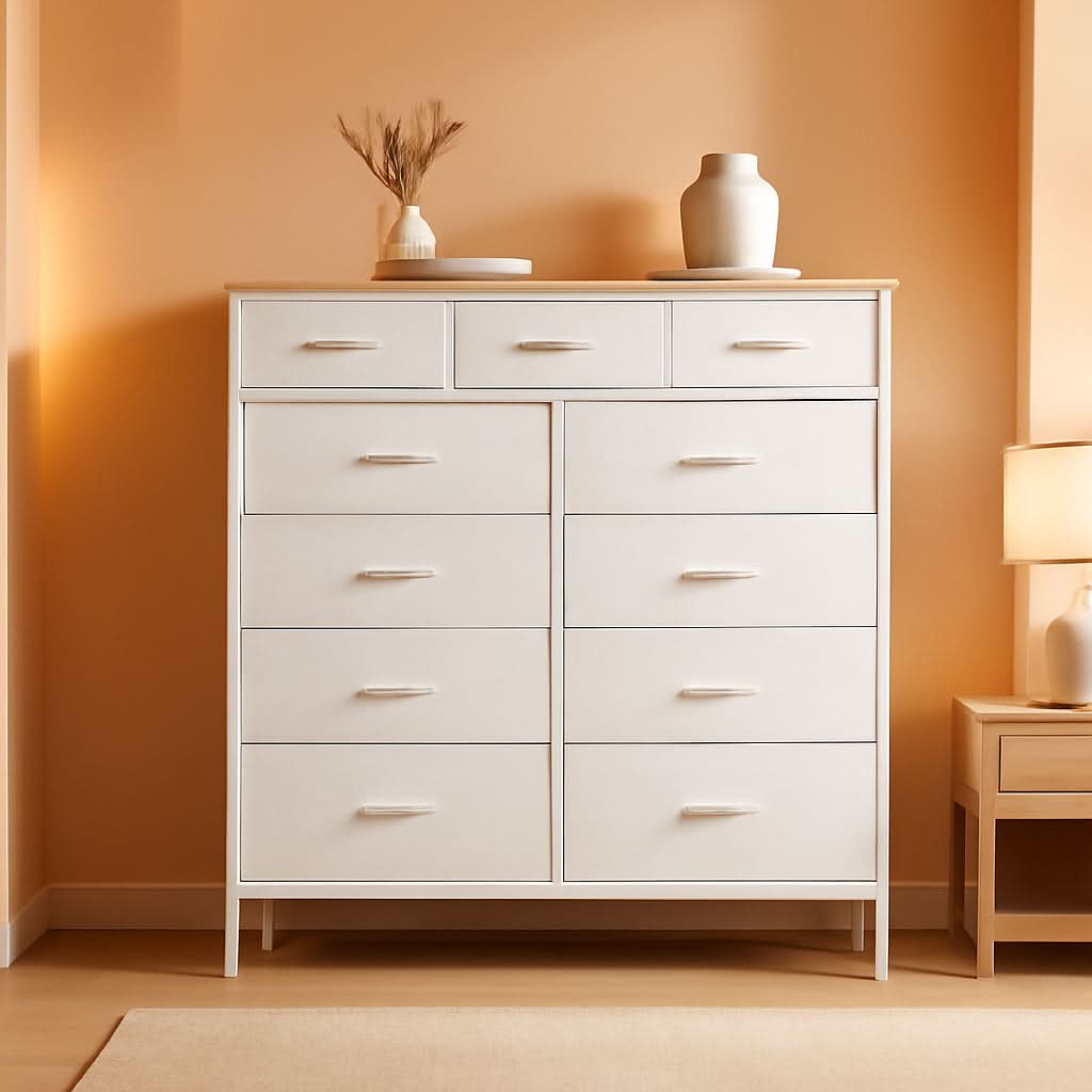 Compact 12 Drawer Dresser With Fabric Drawers And Wood Top
