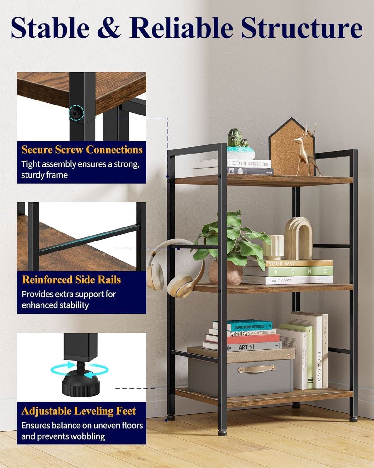 Compact 3 Tier Wood Metal Bookshelf With Adjustable Feet