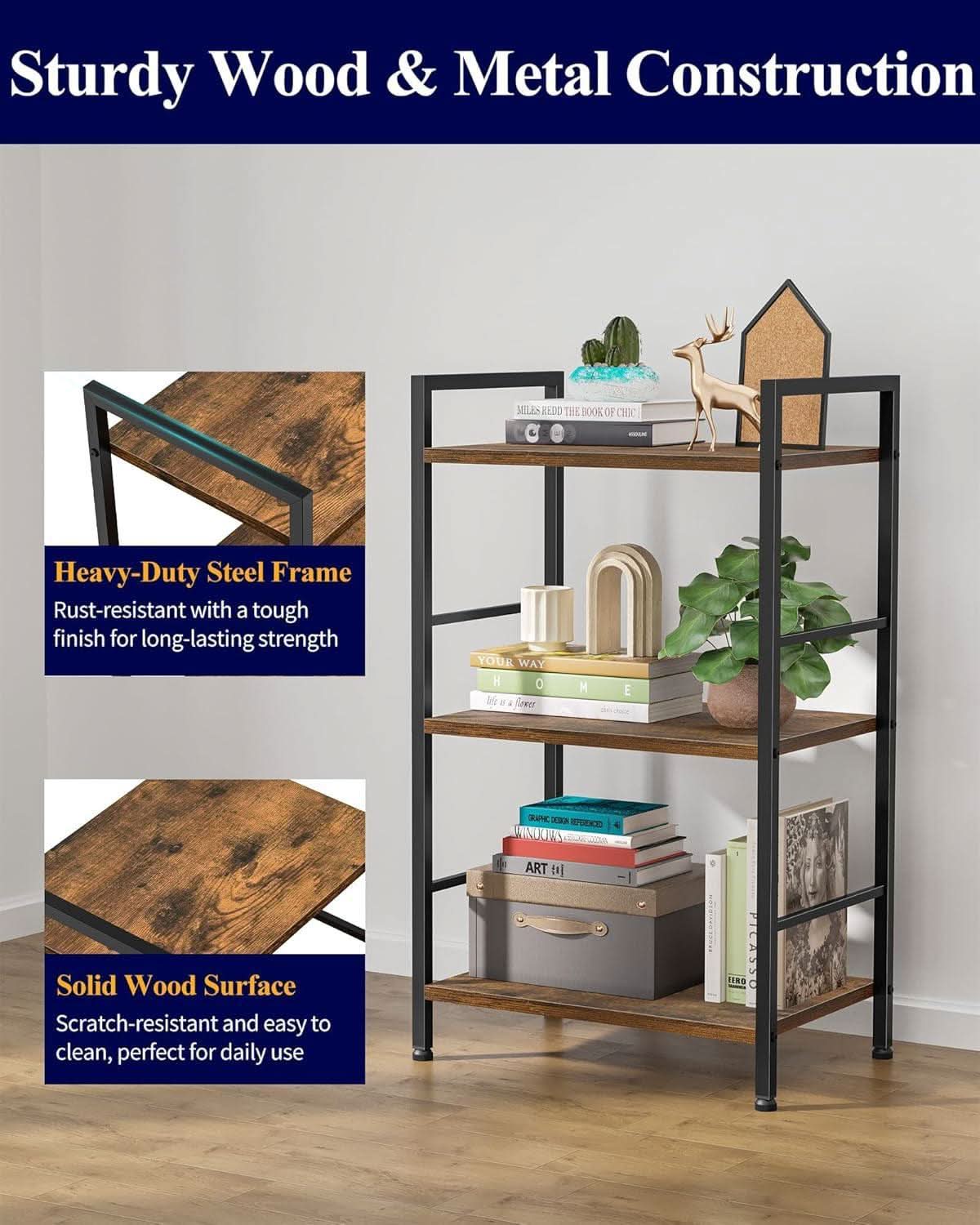 Compact 3 Tier Wood Metal Bookshelf With Adjustable Feet