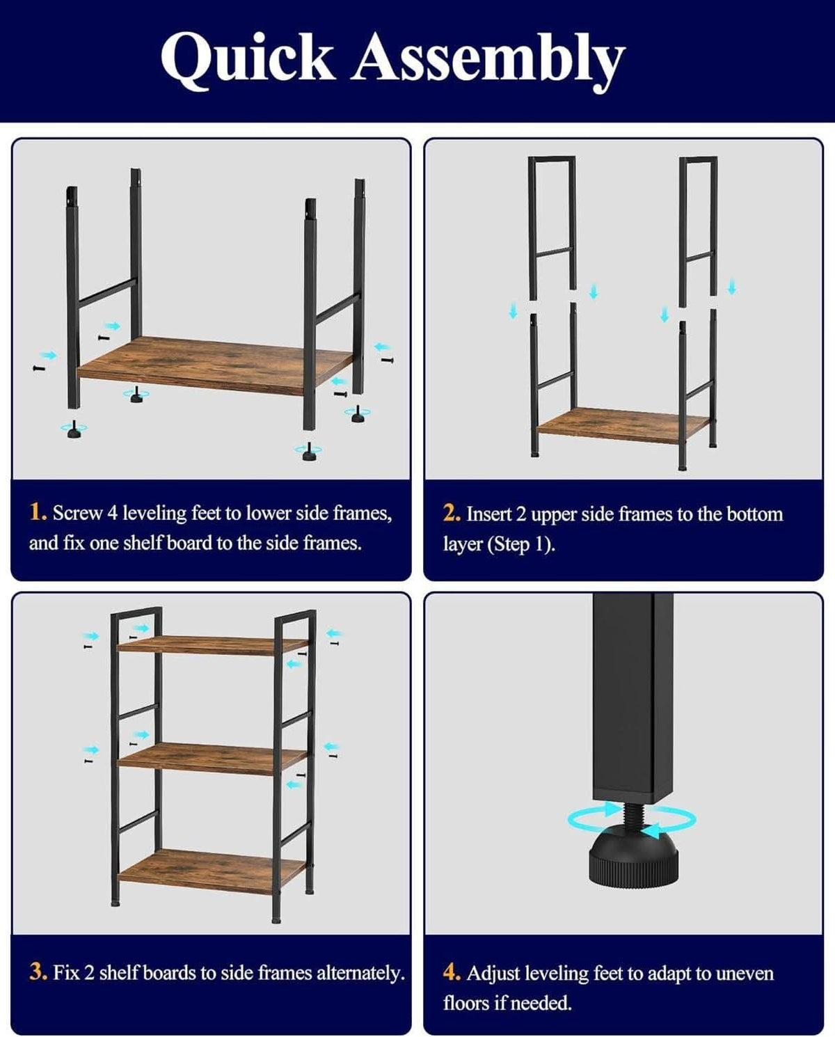 Compact 3 Tier Wood Metal Bookshelf With Adjustable Feet