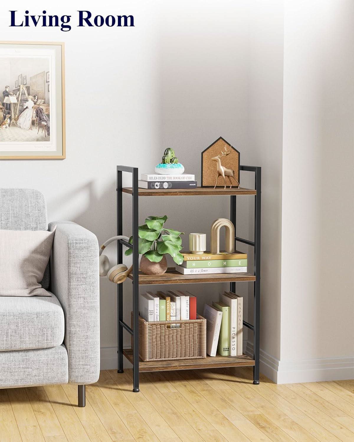 Compact 3 Tier Wood Metal Bookshelf With Adjustable Feet