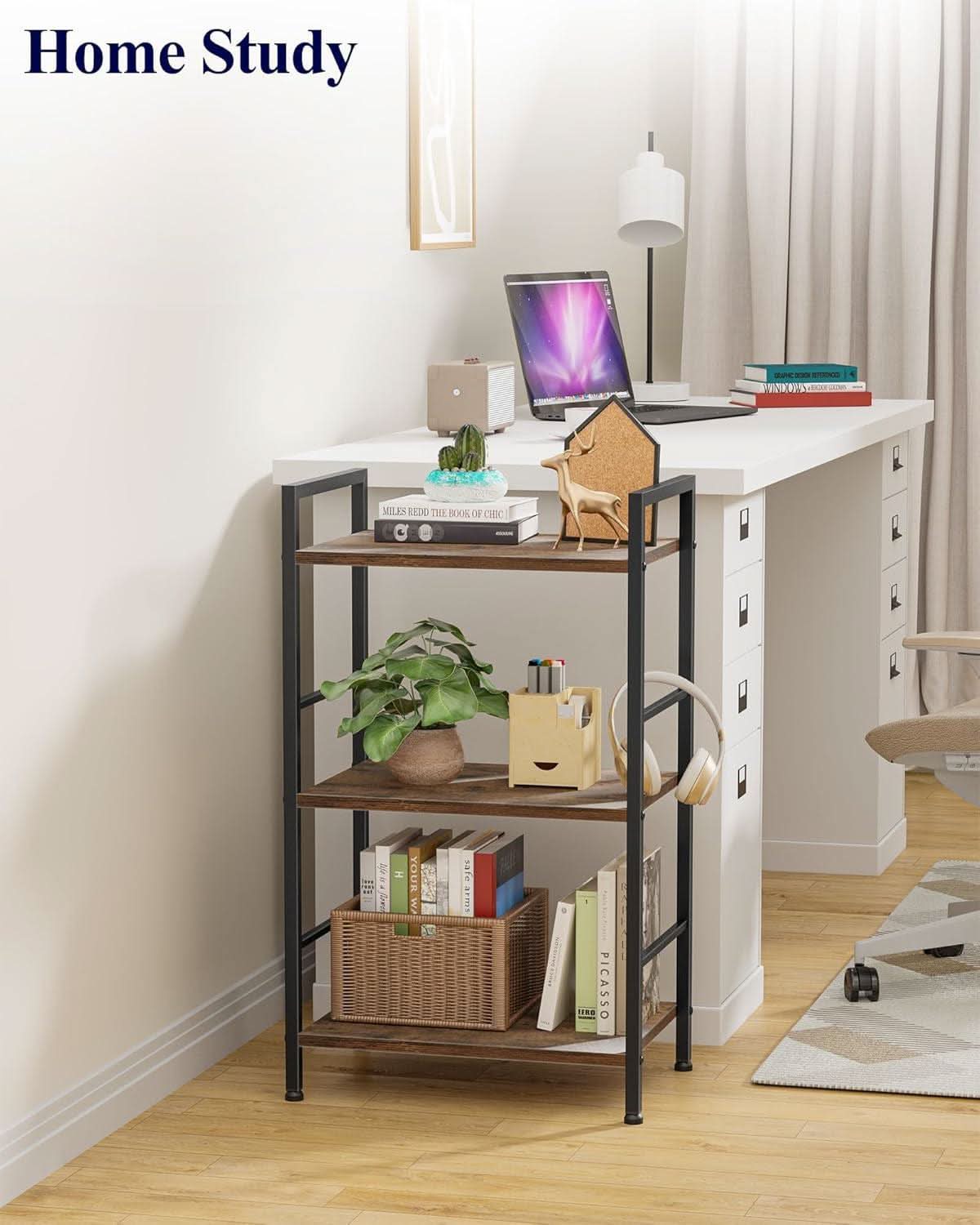 Compact 3 Tier Wood Metal Bookshelf With Adjustable Feet