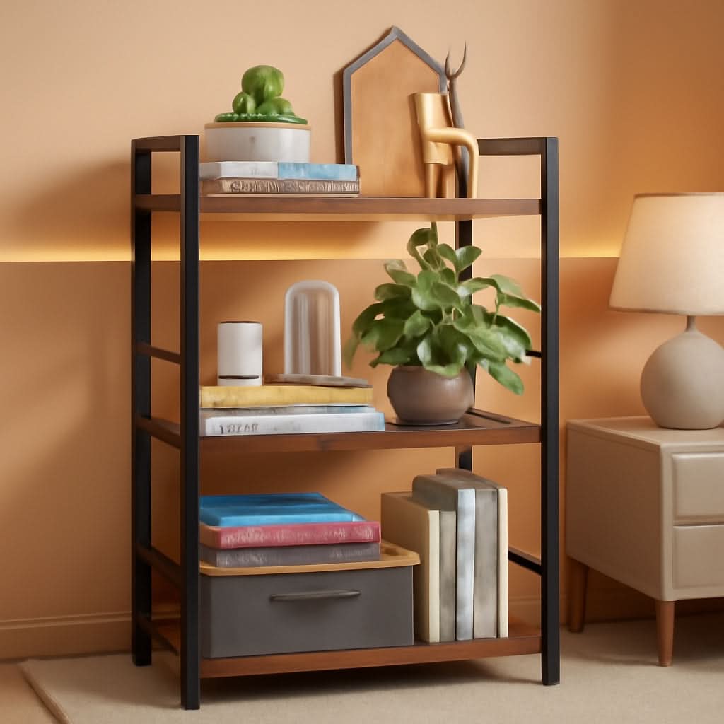 Compact 3 Tier Wood Metal Bookshelf With Adjustable Feet