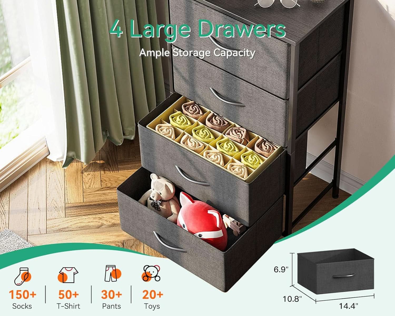 Compact 4 Drawer Dresser Dark Grey For Small Bedrooms