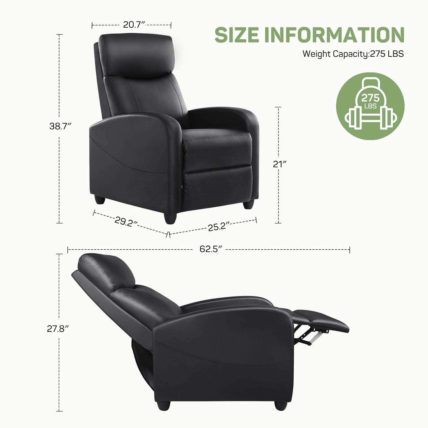 Compact Adjustable Massage Recliner Chair With Lumbar Support In PU Leather