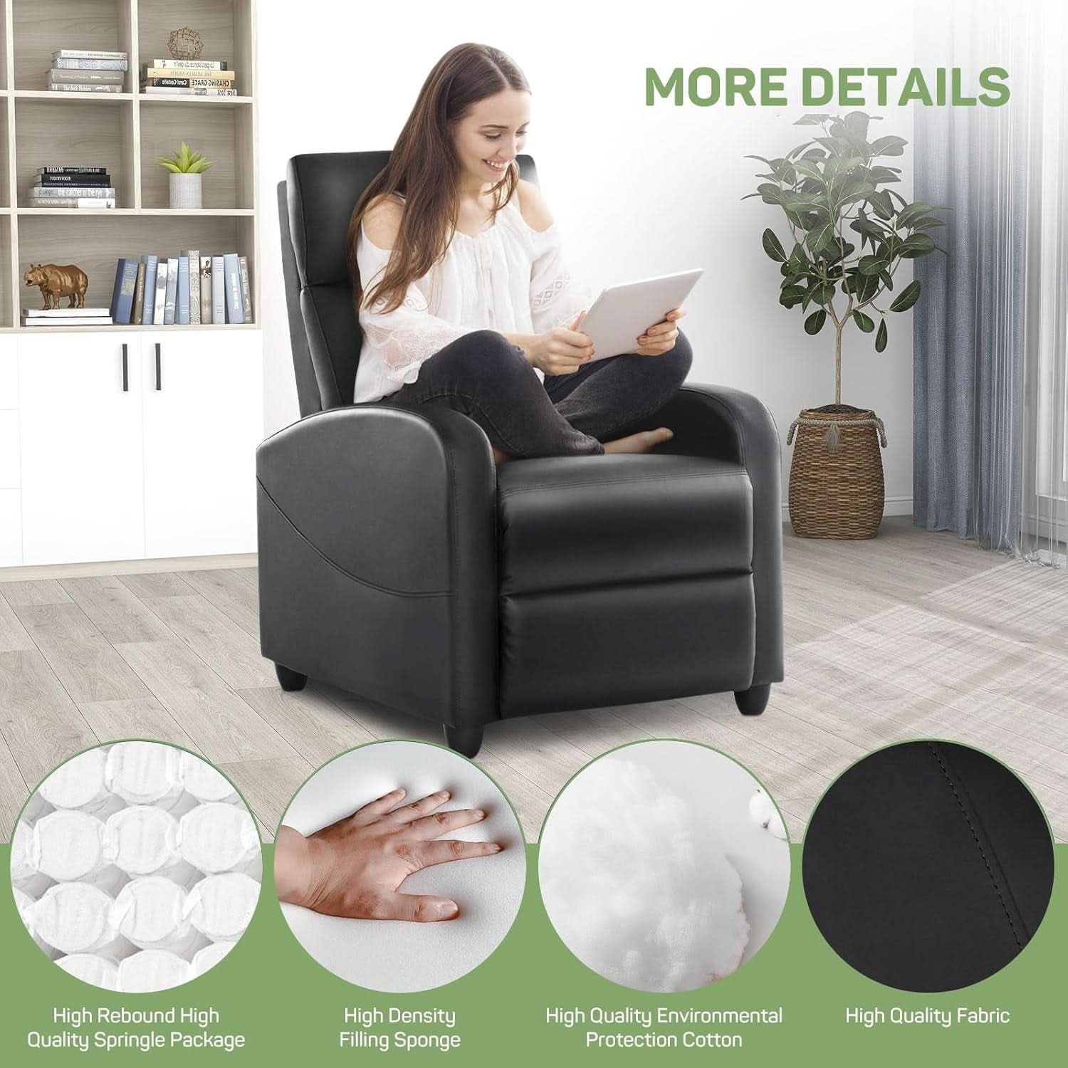 Compact Adjustable Massage Recliner Chair With Lumbar Support In PU Leather