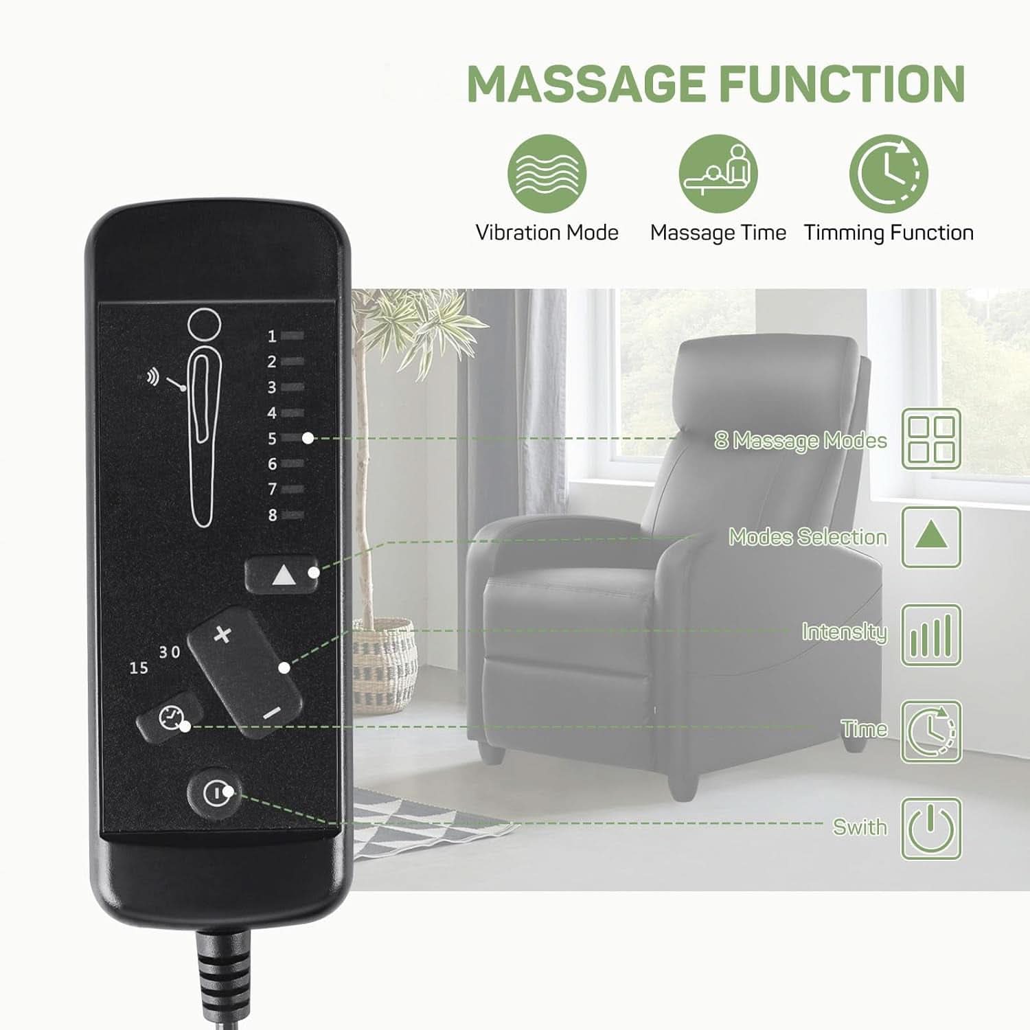 Compact Adjustable Massage Recliner Chair With Lumbar Support In PU Leather